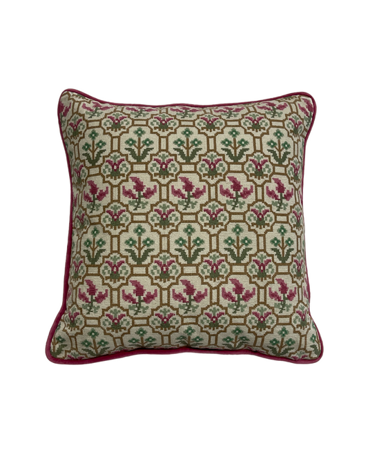 Ivory Old Rose Cross Stitch  Embroidered Cushion Cover
