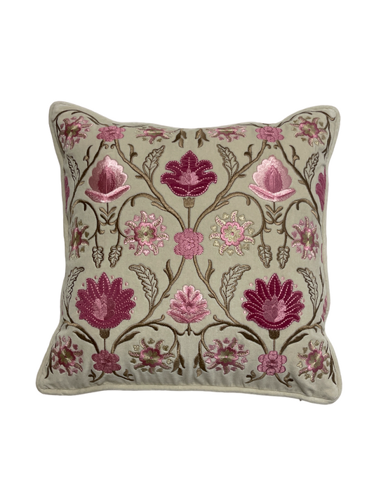 Exotic Flora Velvet Applique Embroidered Off White Rose Cushion Cover