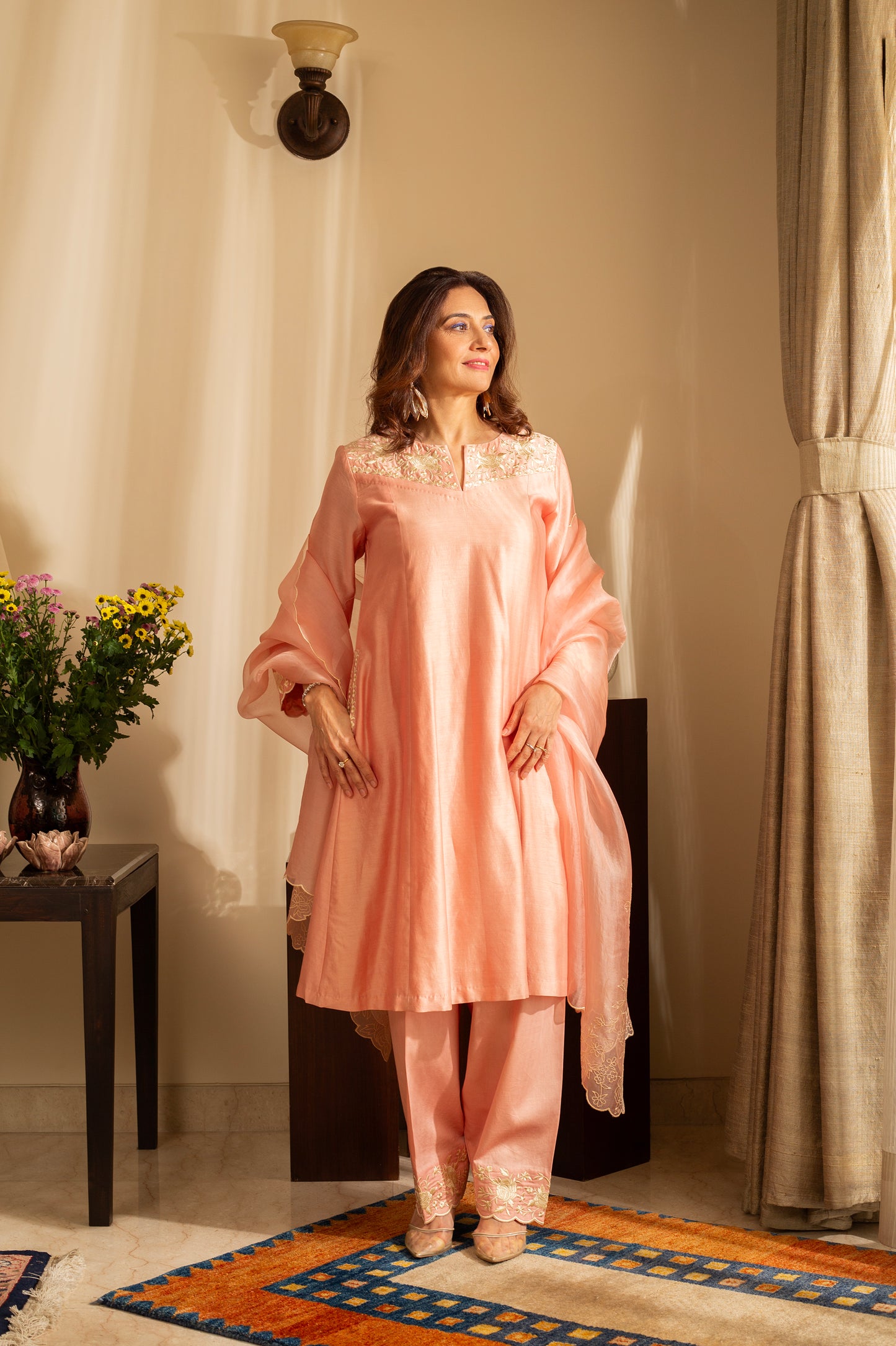 Kaner Pastel Peach Embroidered Pure Silk Chanderi 3 Pc Kurta Set with pure organza scallop dupatta