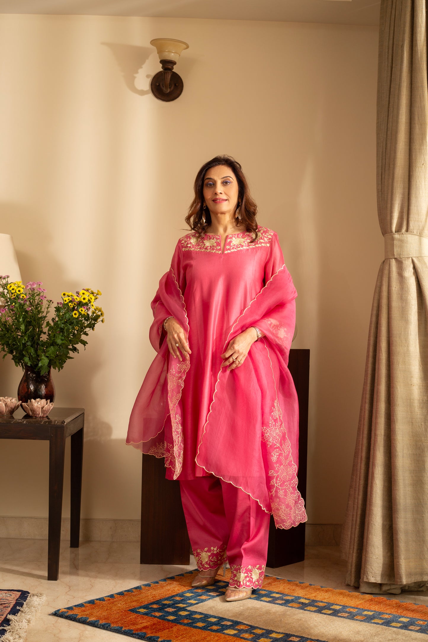 Kaner Candy Pink Embroidered Pure Silk Chanderi 3 Pc Kurta Set with pure organza scallop dupatta