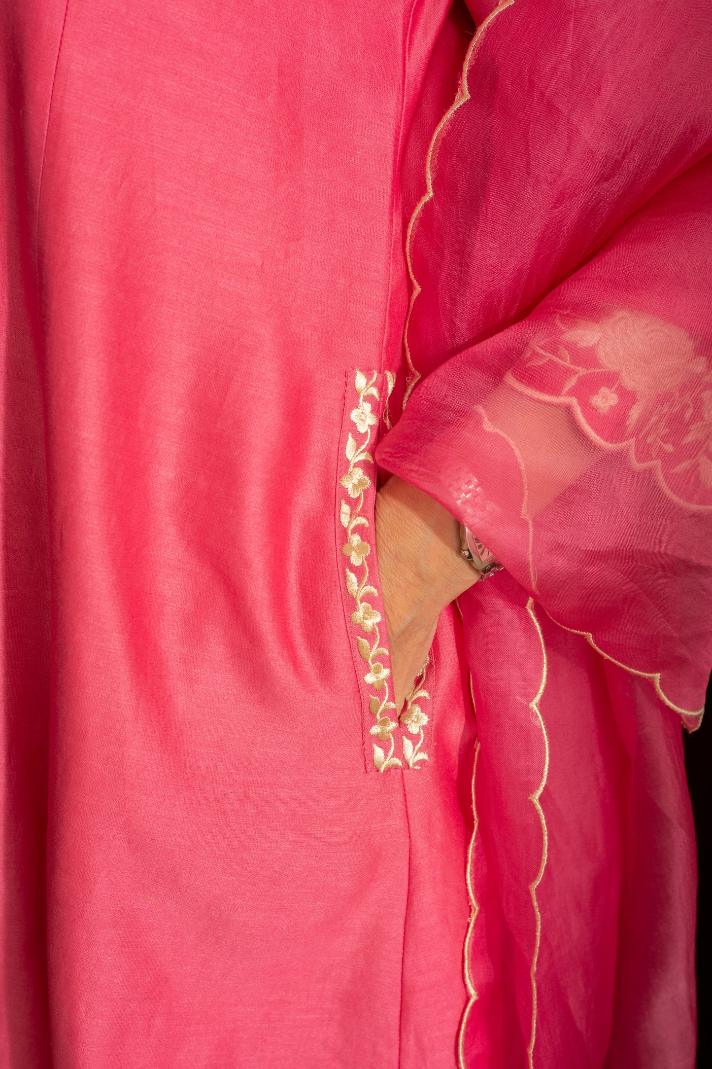 Kaner Candy Pink Embroidered Pure Silk Chanderi 3 Pc Kurta Set with pure organza scallop dupatta