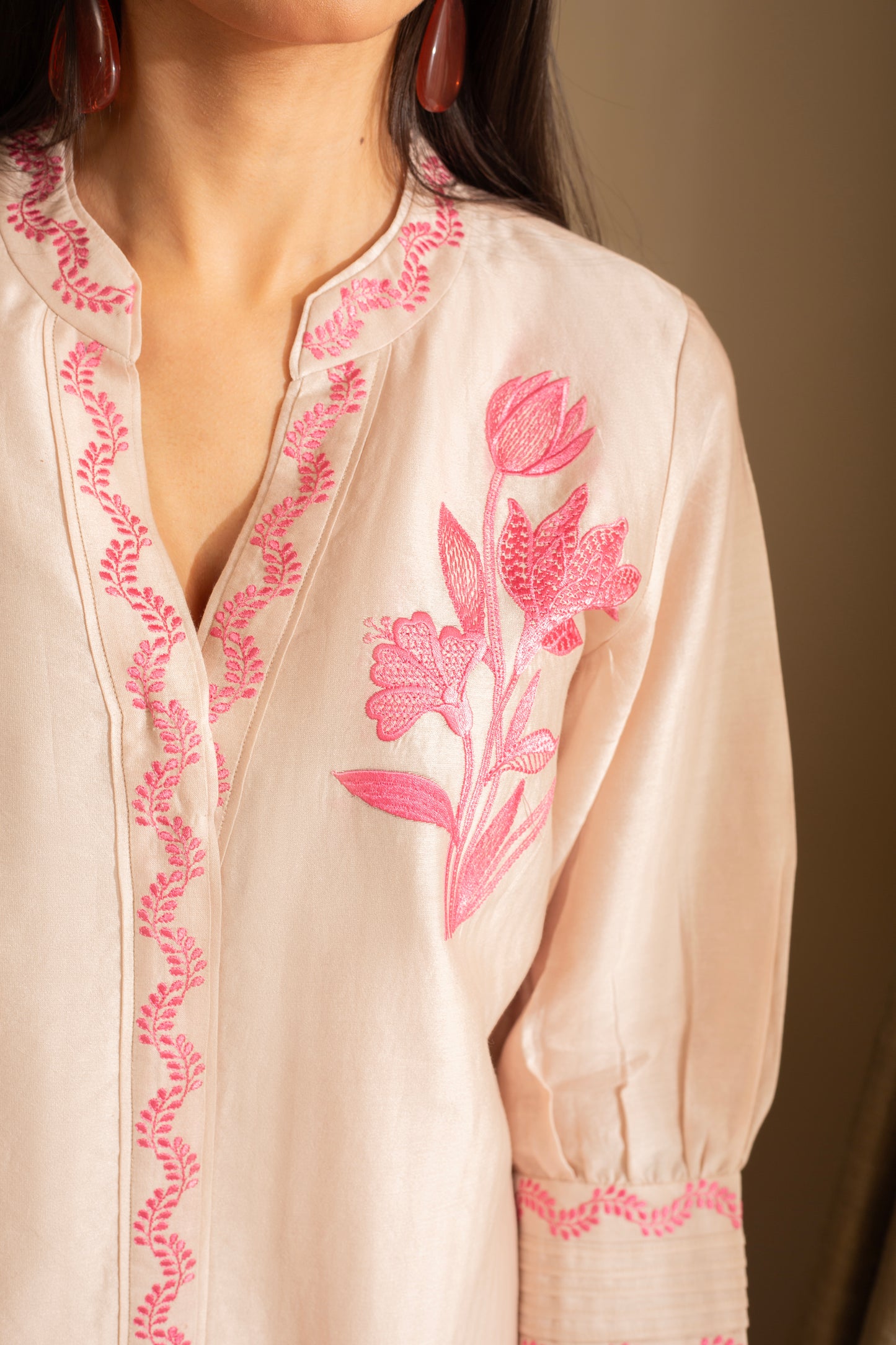 Gul-Meh Nude Pink Embroidered Coord Set Suit on Pure Silk Chanderi