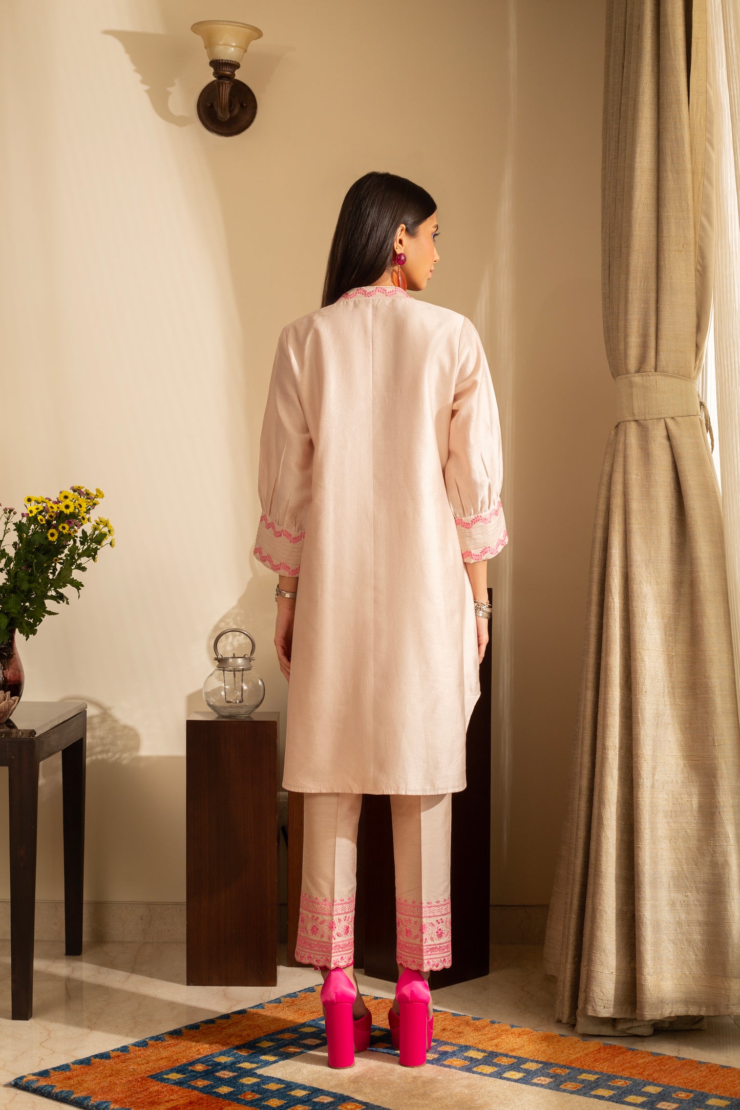Gul-Meh Nude Pink Embroidered Coord Set Suit on Pure Silk Chanderi