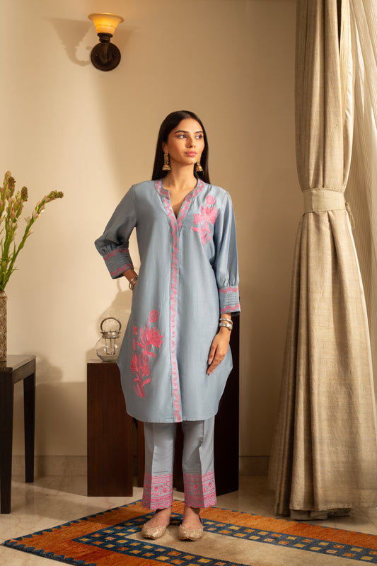Gul-Meh Aqua Blue Embroidered Coord Set Suit on Pure Silk Chanderi