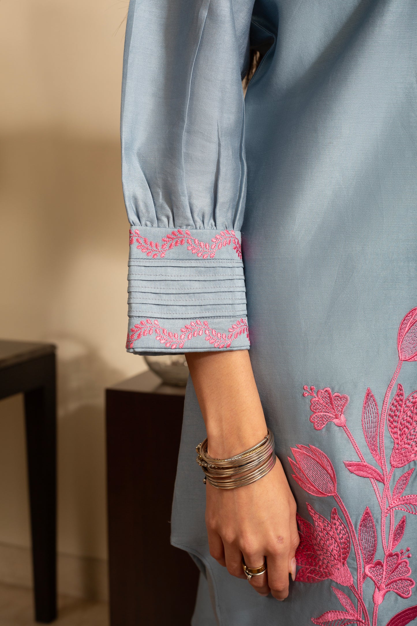 Gul-Meh Aqua Blue Embroidered Coord Set Suit on Pure Silk Chanderi