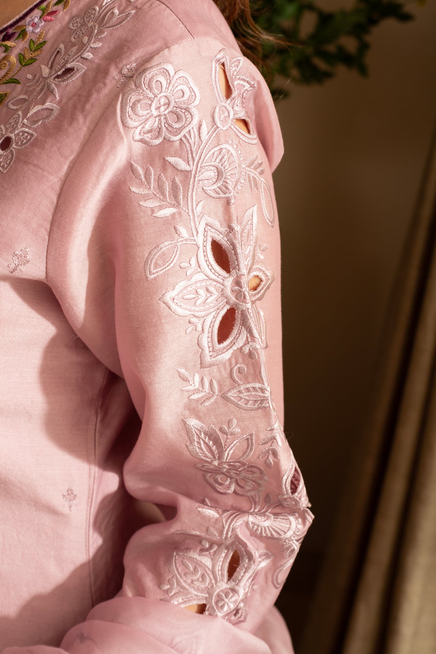 Gulchini Lilac Embroidered Pure Silk Chanderi 3 Pc Kurta Set with cutwork and pure organza scallop Dupatta