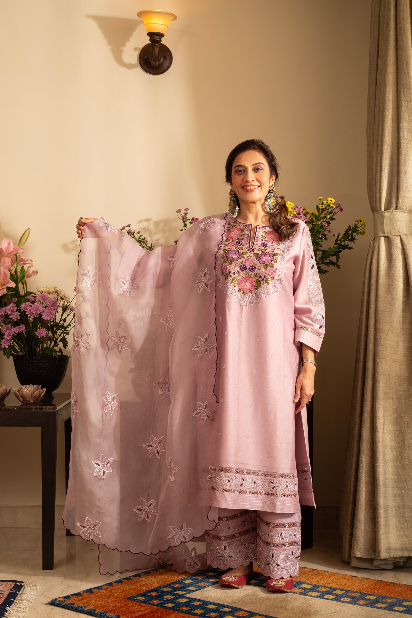 Gulchini Lilac Embroidered Pure Silk Chanderi 3 Pc Suit Set with cutwork and pure organza scallop Dupatta