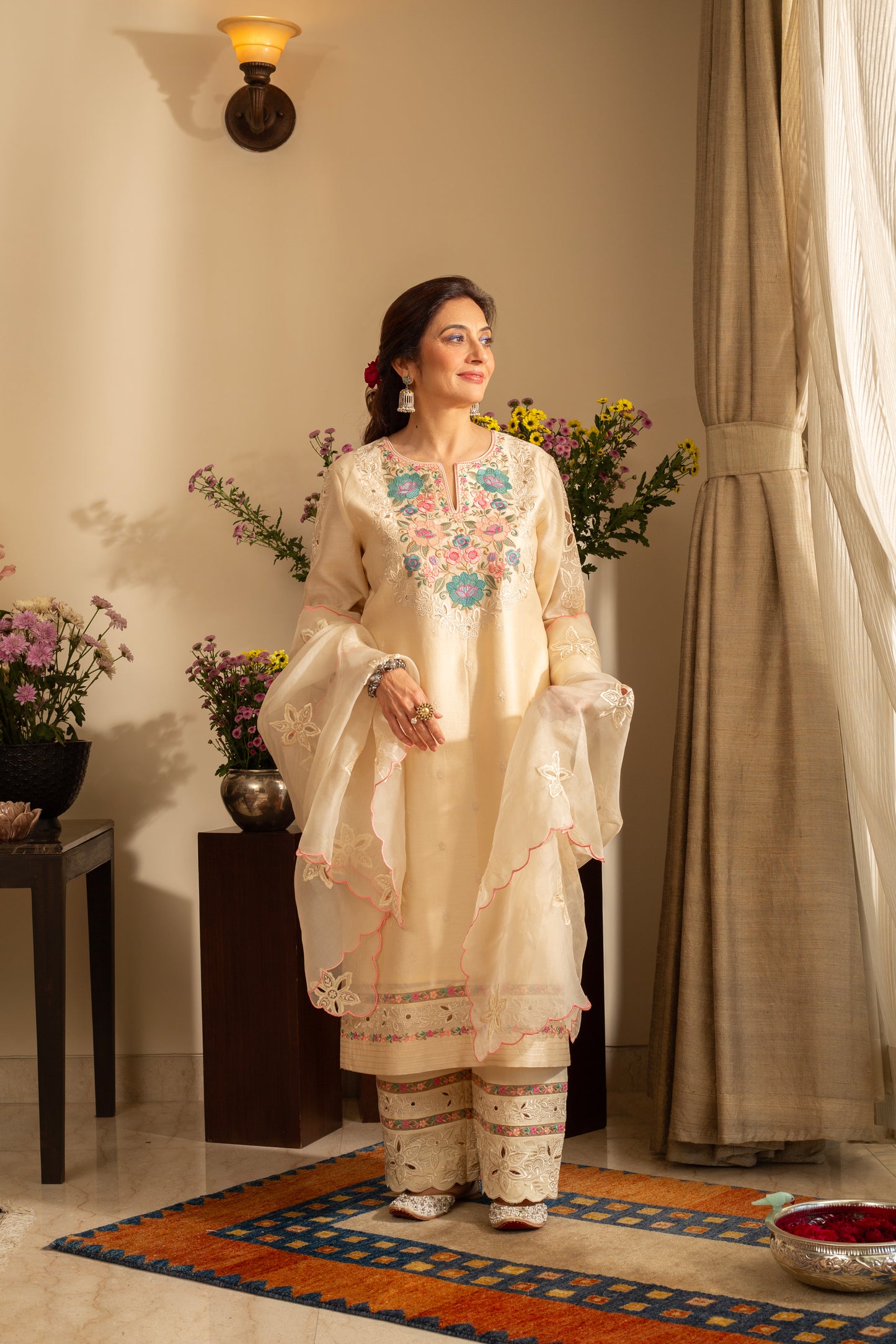 Gulchini Almond Ivory Embroidered Pure Silk Chanderi 3 Pc Suit Set with cutwork and pure organza scallop Dupatta