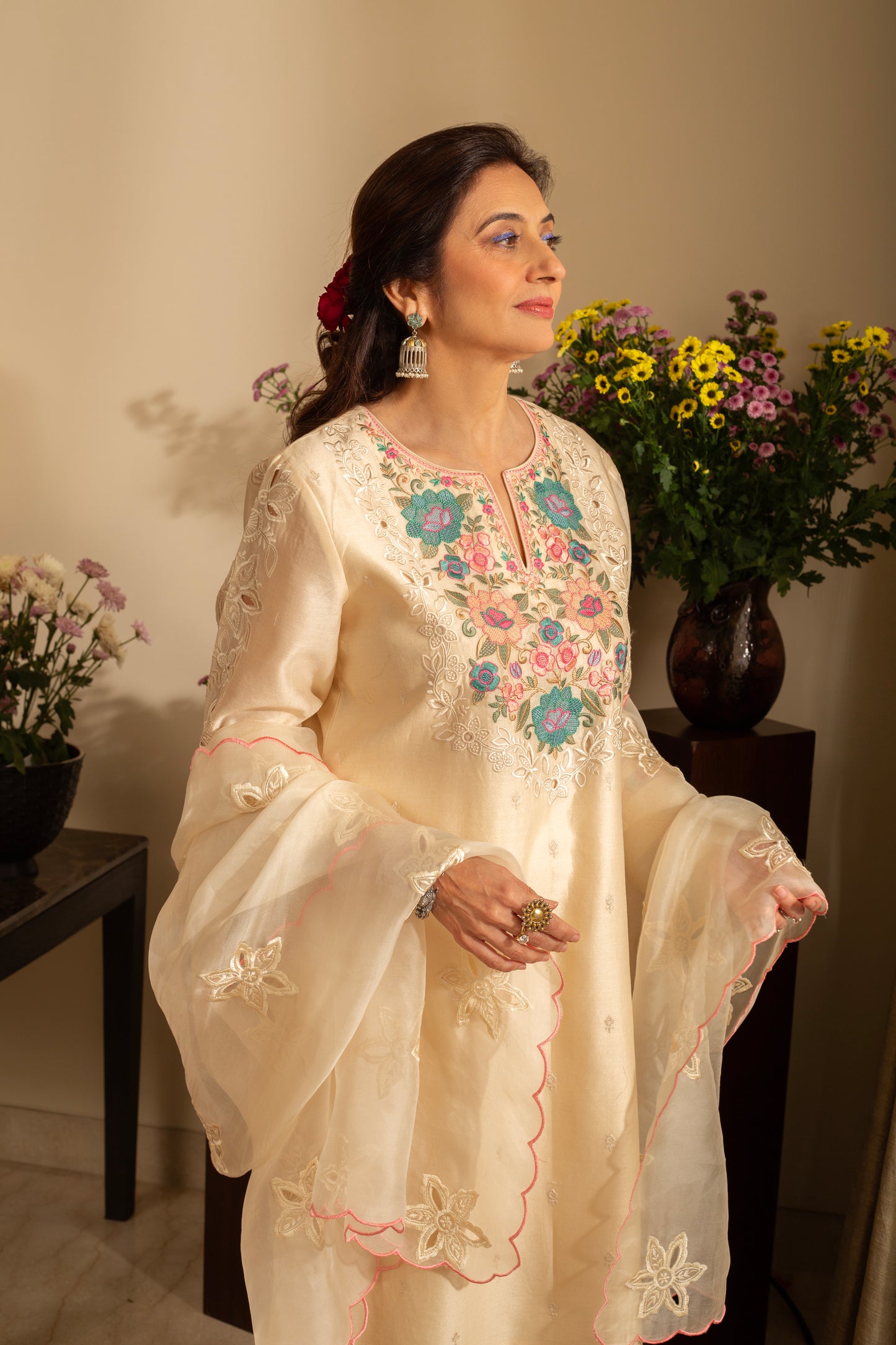 Gulchini Almond Ivory Embroidered Pure Silk Chanderi 3 Pc Suit Set with cutwork and pure organza scallop Dupatta