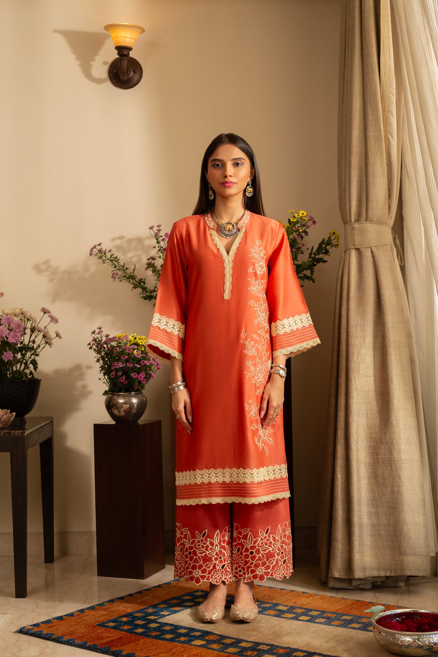 Gulbahar Burnt Orange 2 pc Pure Silk Chanderi Coord Set with cutwork Embroidery