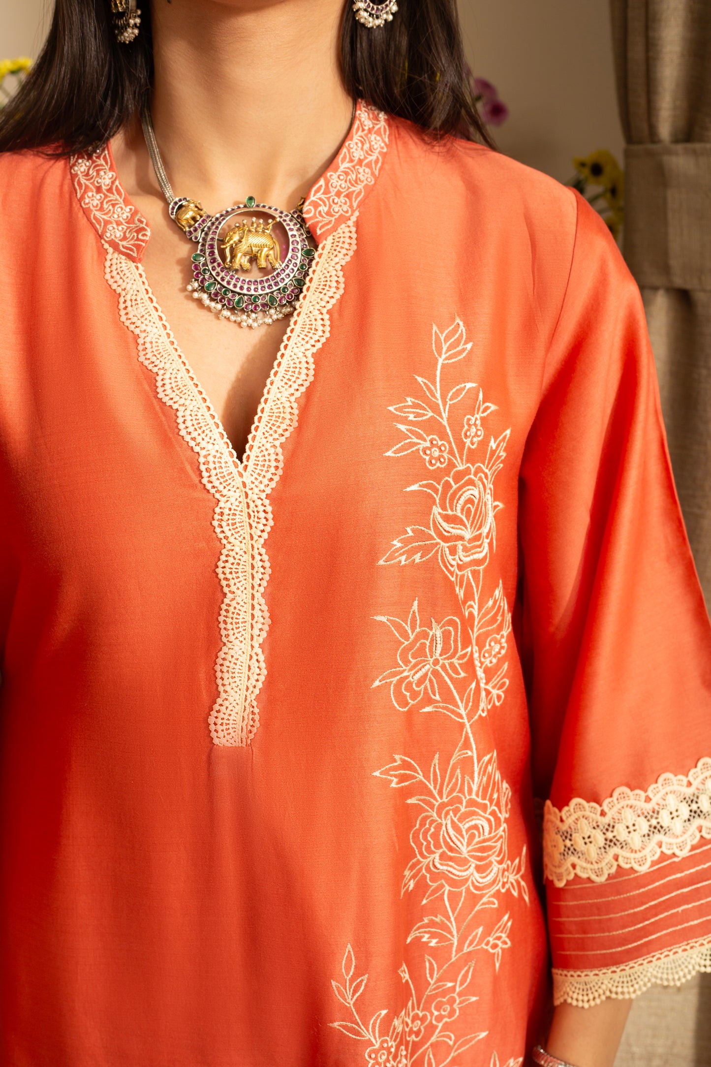 Gulbahar Burnt Orange 2 pc Pure Silk Chanderi Coord Set with cutwork Embroidery