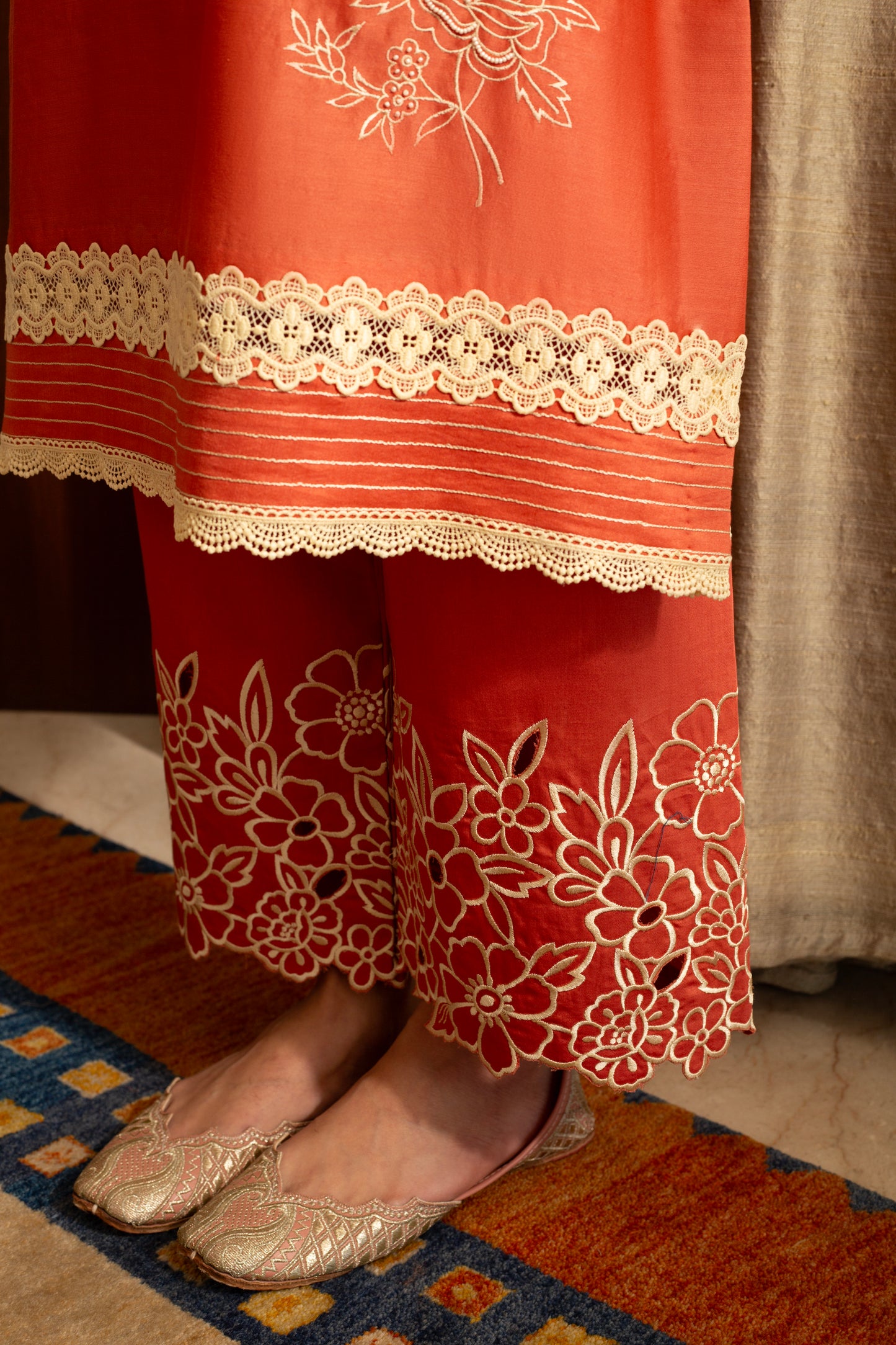 Gulbahar Burnt Orange 2 pc Pure Silk Chanderi Coord Set with cutwork Embroidery