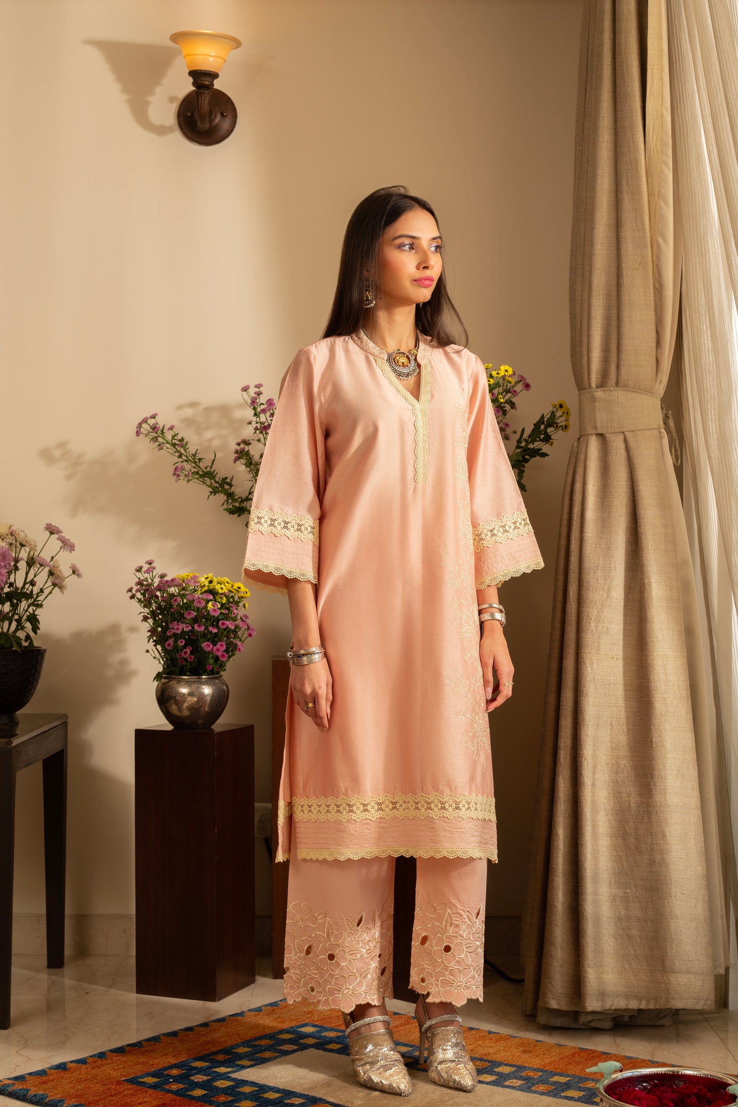 Gulbahar Pastel Peach 2 pc Pure Silk Chanderi Coord Set with cutwork Embroidery