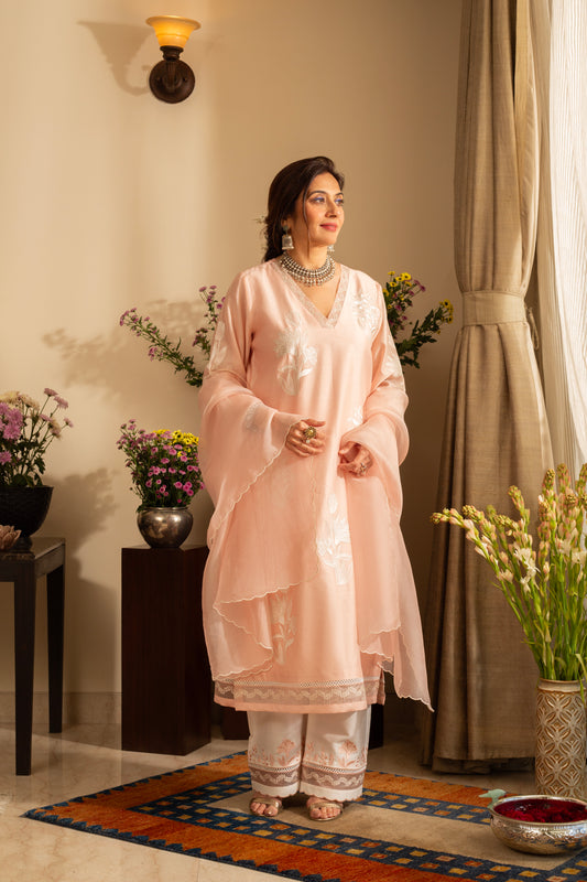 Chandni Pastel Peach  Pure Silk Chanderi 3 pc Embroidered suit set with pure organza scalloped dupatta