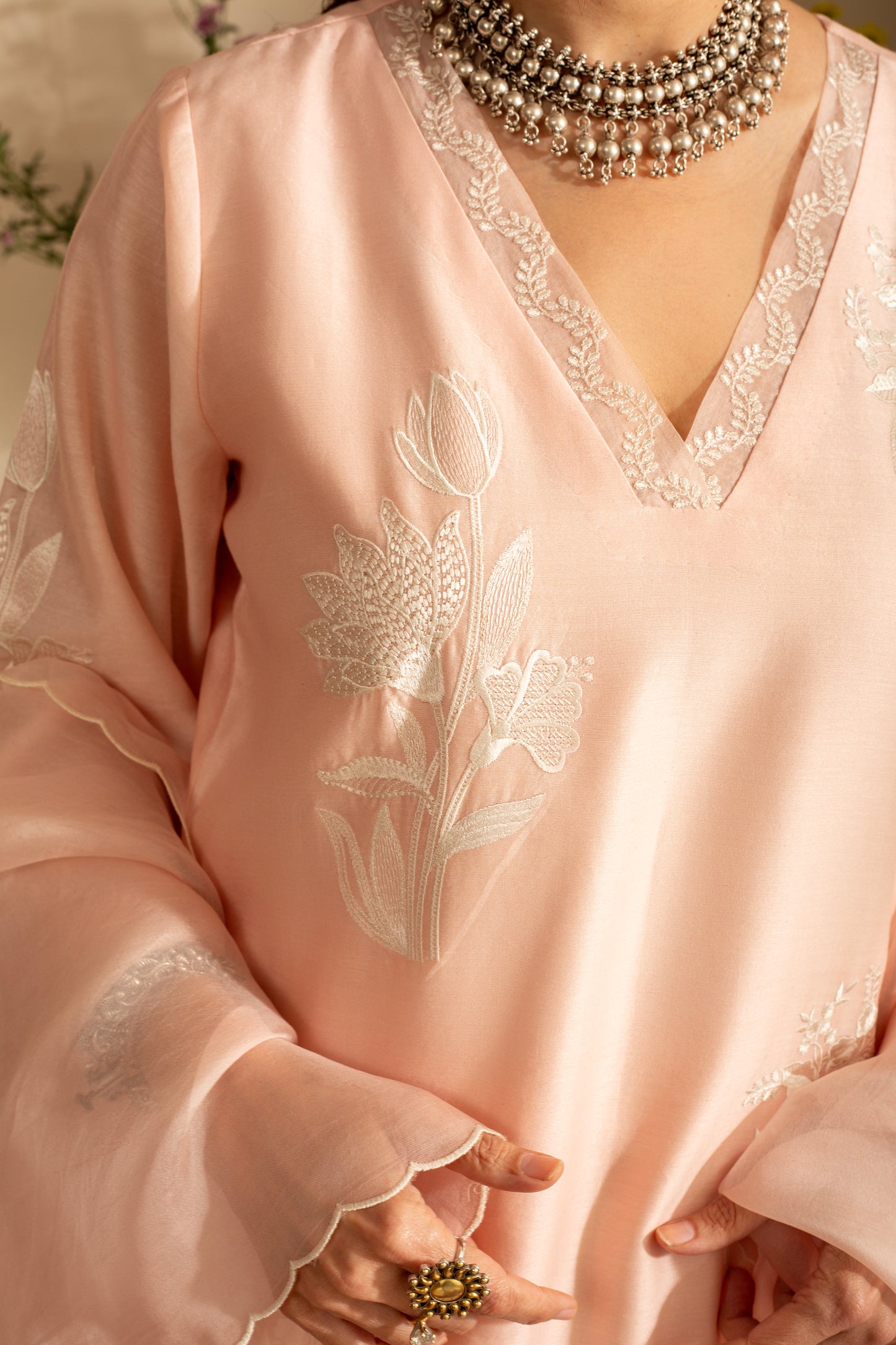 Chandni Pastel Peach Pure Silk Chanderi 3 pc Embroidered suit set with pure organza scalloped dupatta