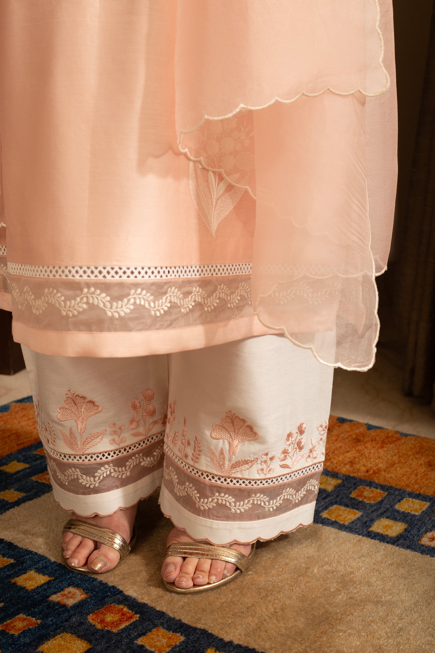Chandni Pastel Peach Pure Silk Chanderi 3 pc Embroidered suit set with pure organza scalloped dupatta