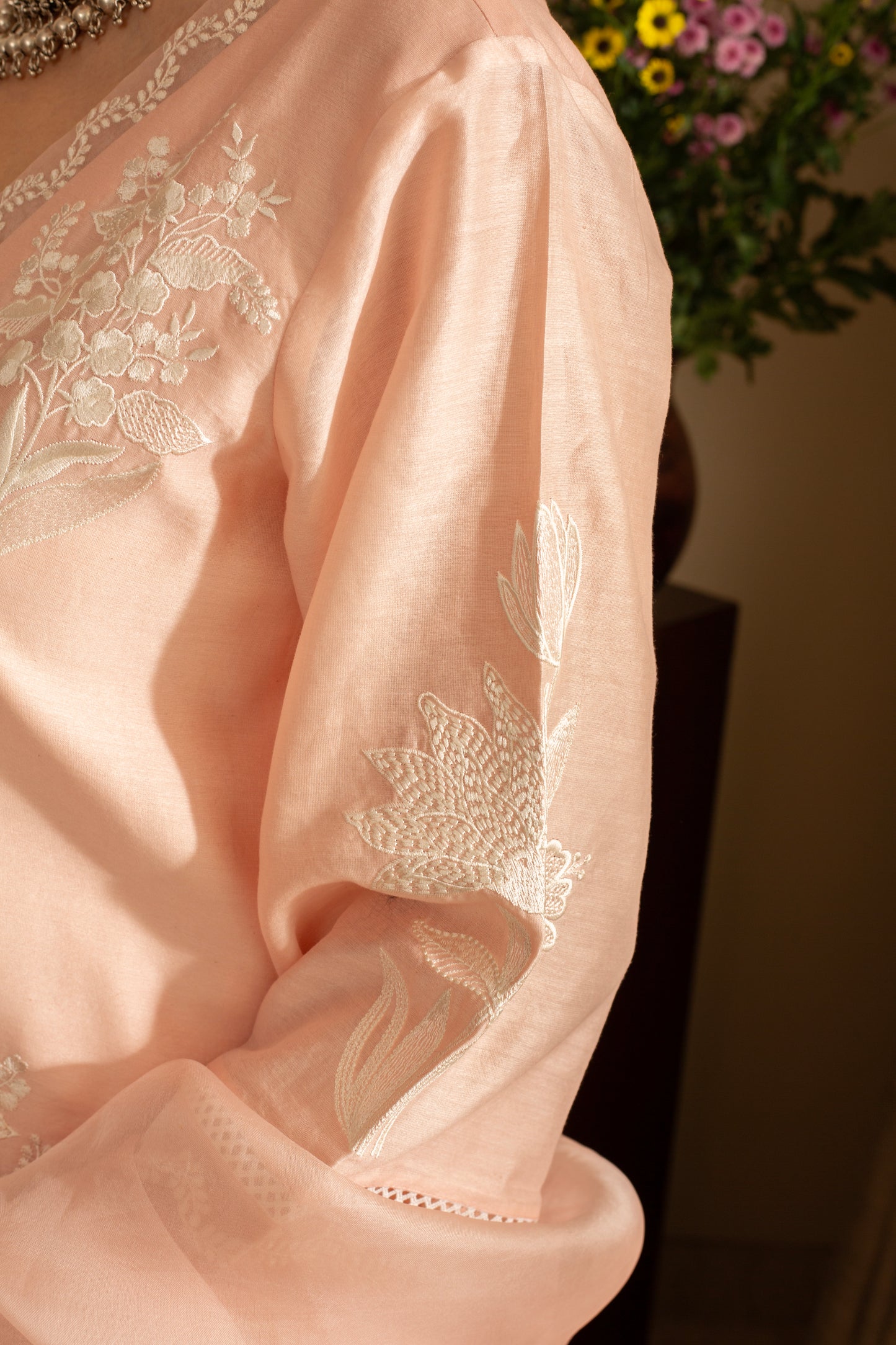 Chandni Pastel Peach Pure Silk Chanderi 3 pc Embroidered suit set with pure organza scalloped dupatta