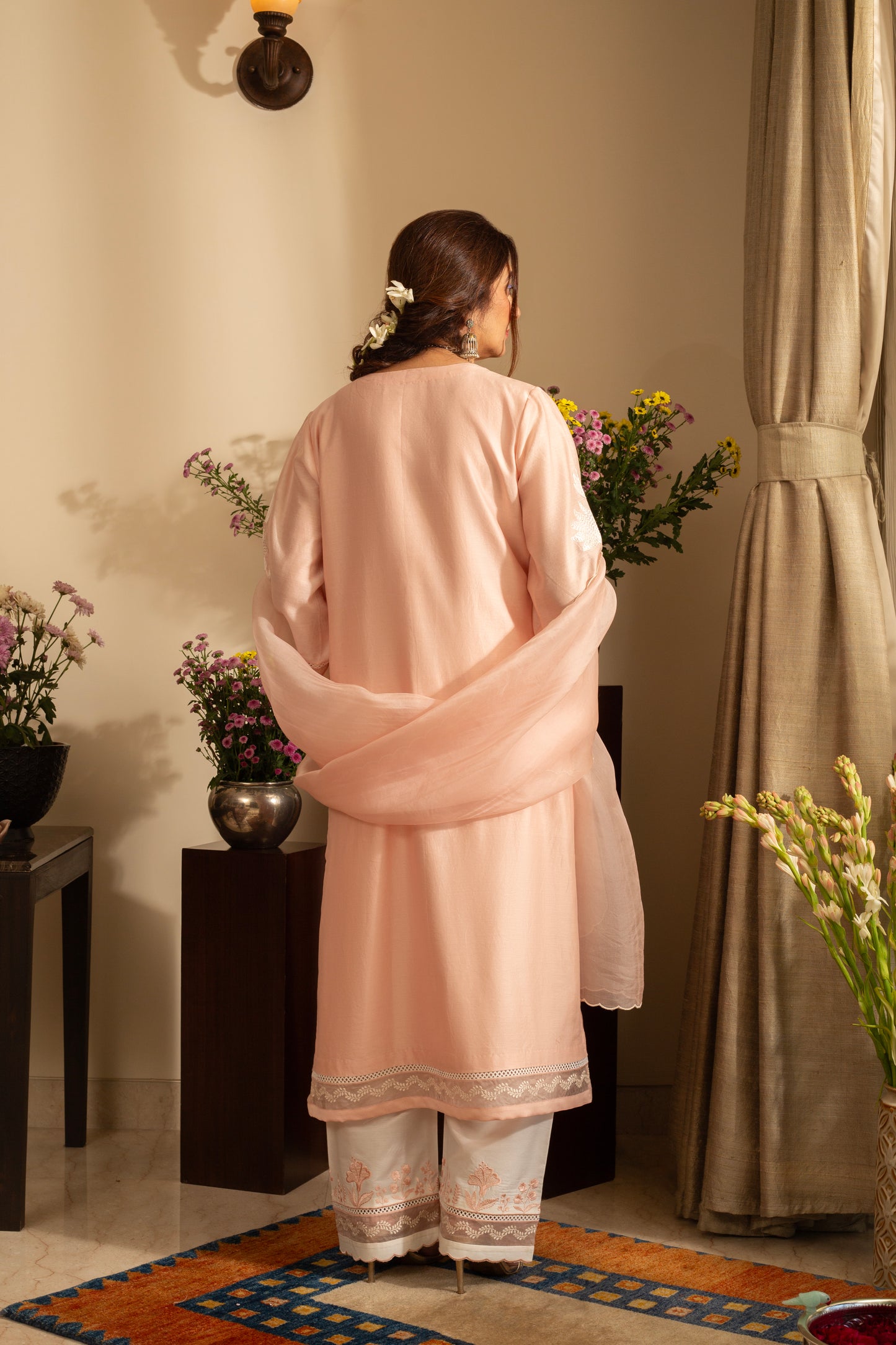 Chandni Pastel Peach Pure Silk Chanderi 3 pc Embroidered suit set with pure organza scalloped dupatta