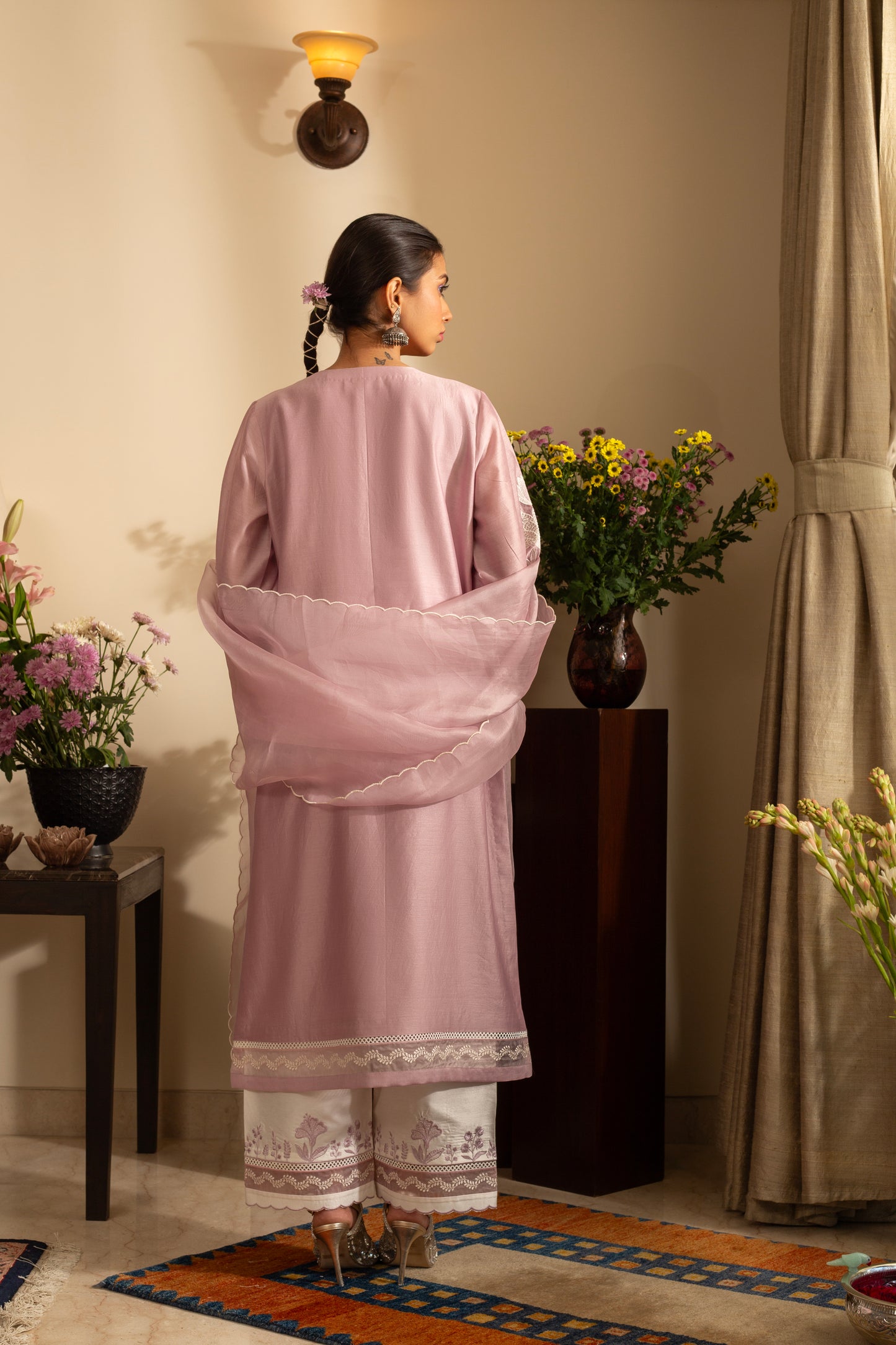 Chandni Lilac Pure Silk Chanderi 3 pc Embroidered suit set with pure organza scalloped dupatta