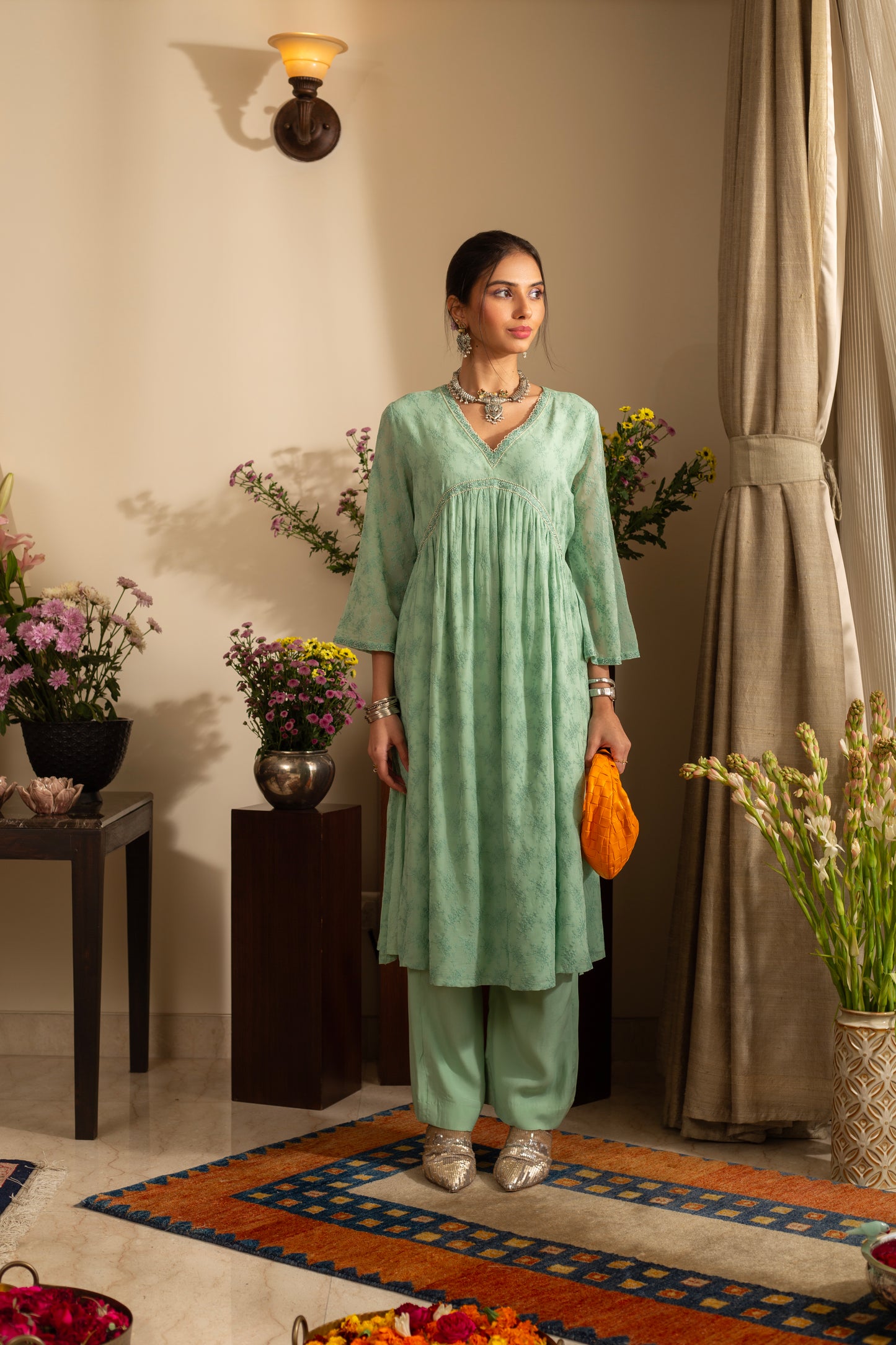 Khus Sea Green Pure Silk Georgette Embroidered 2 Pc Coord Suit Set