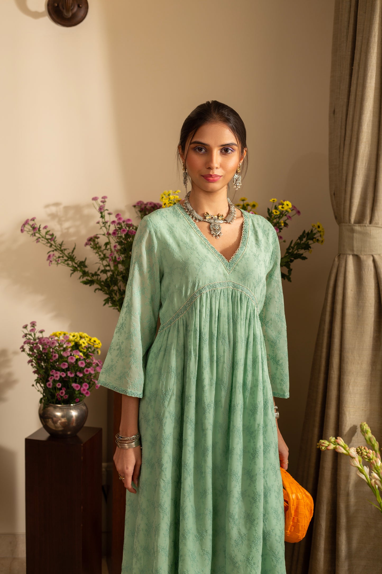 Khus Sea Green Pure Silk Georgette Embroidered 2 Pc Coord Suit Set