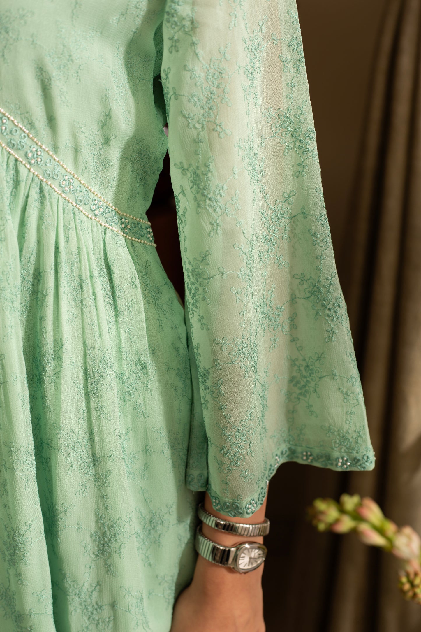 Khus Sea Green Pure Silk Georgette Embroidered 2 Pc Coord Suit Set