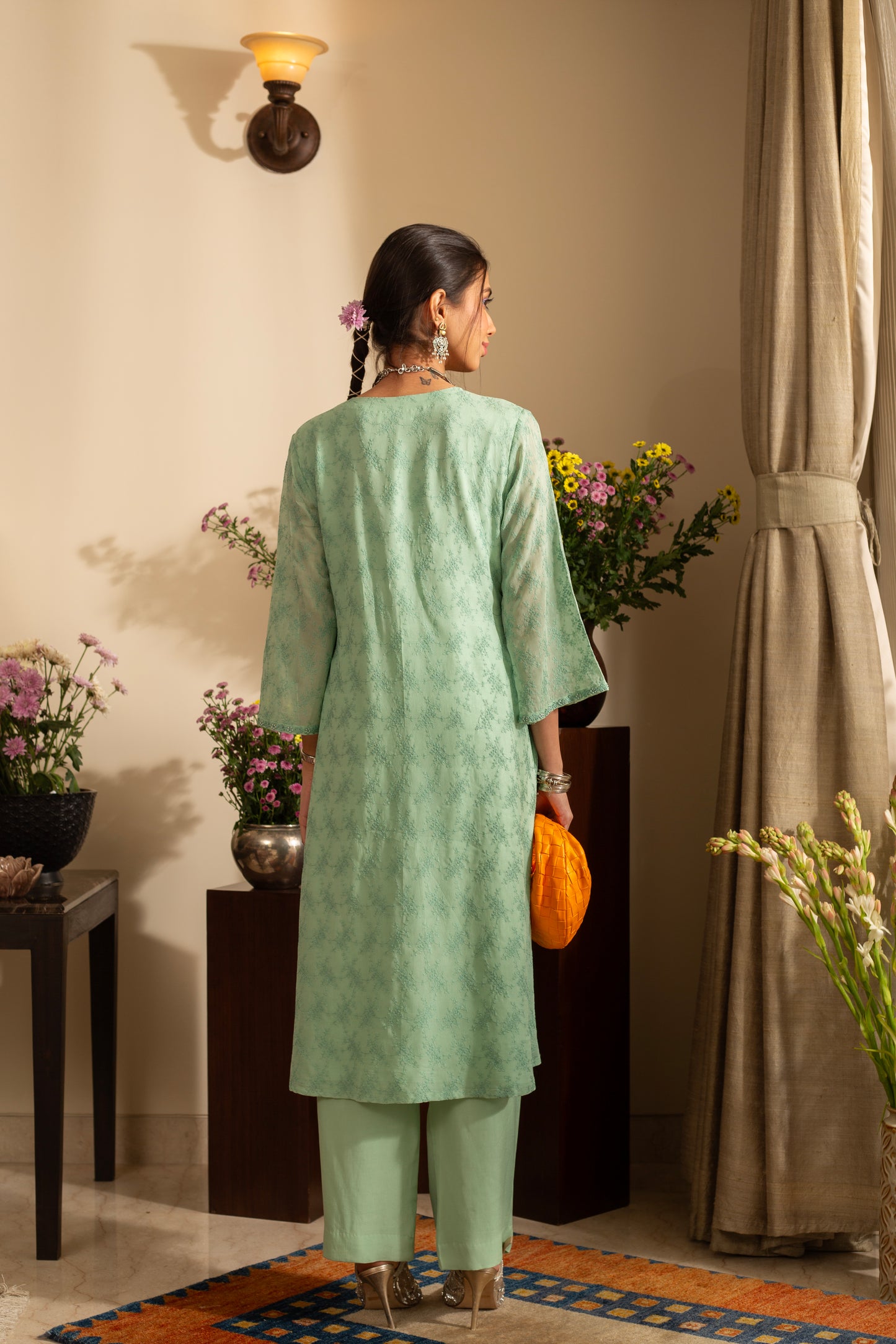 Khus Sea Green Pure Silk Georgette Embroidered 2 Pc Coord Suit Set