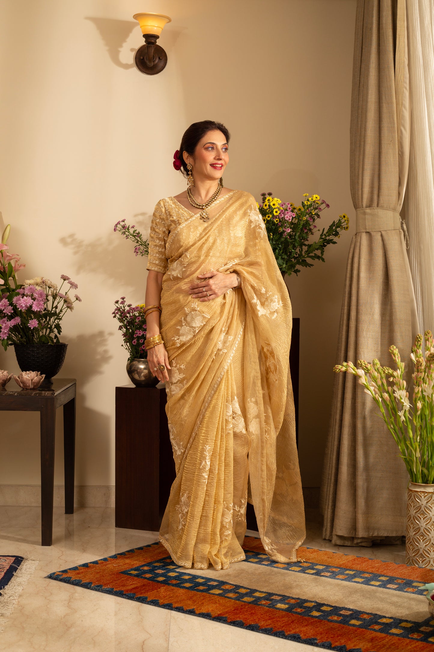 Gulab Soft Gold Pure Silk Tissue Handloom Saree with Parsi Embroidery