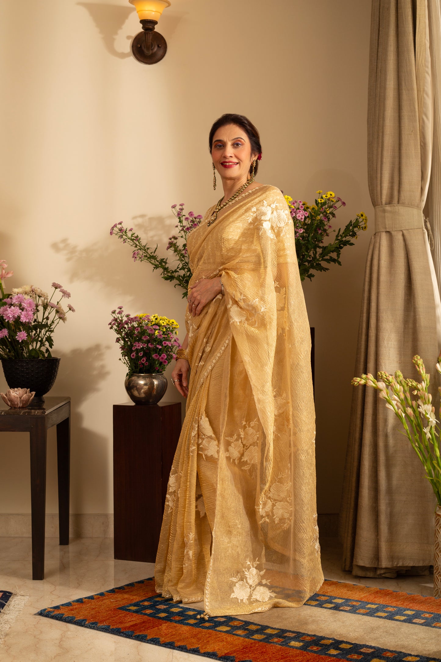 Gulab Soft Gold Pure Silk Tissue Handloom Saree with Parsi Embroidery