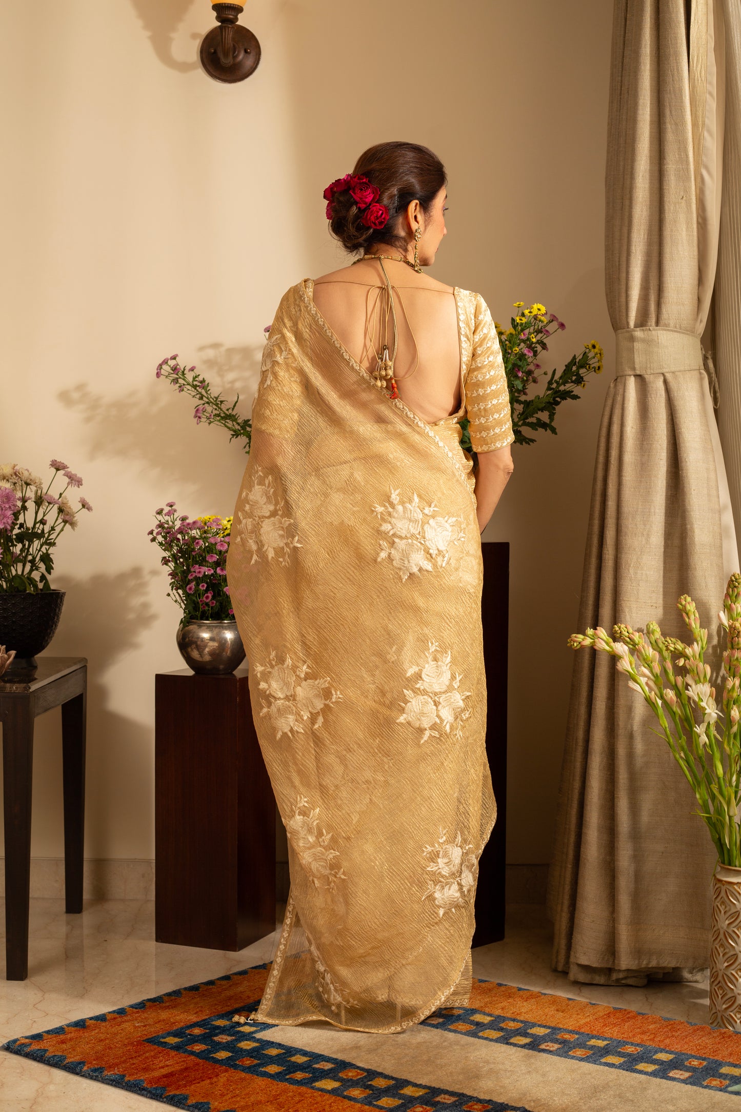 Gulab Soft Gold Pure Silk Tissue Handloom Saree with Parsi Embroidery