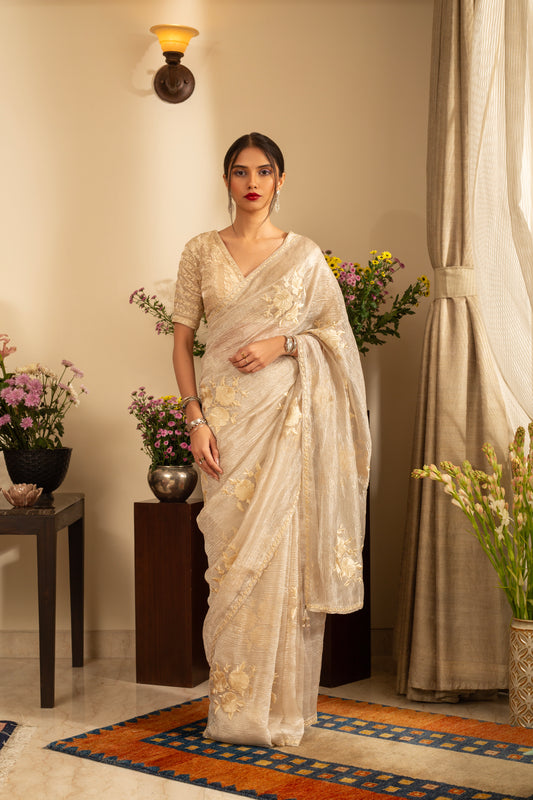 Gulab Soft Silver Pure Silk Georgette Tissue Handloom Saree with Parsi Embroidery