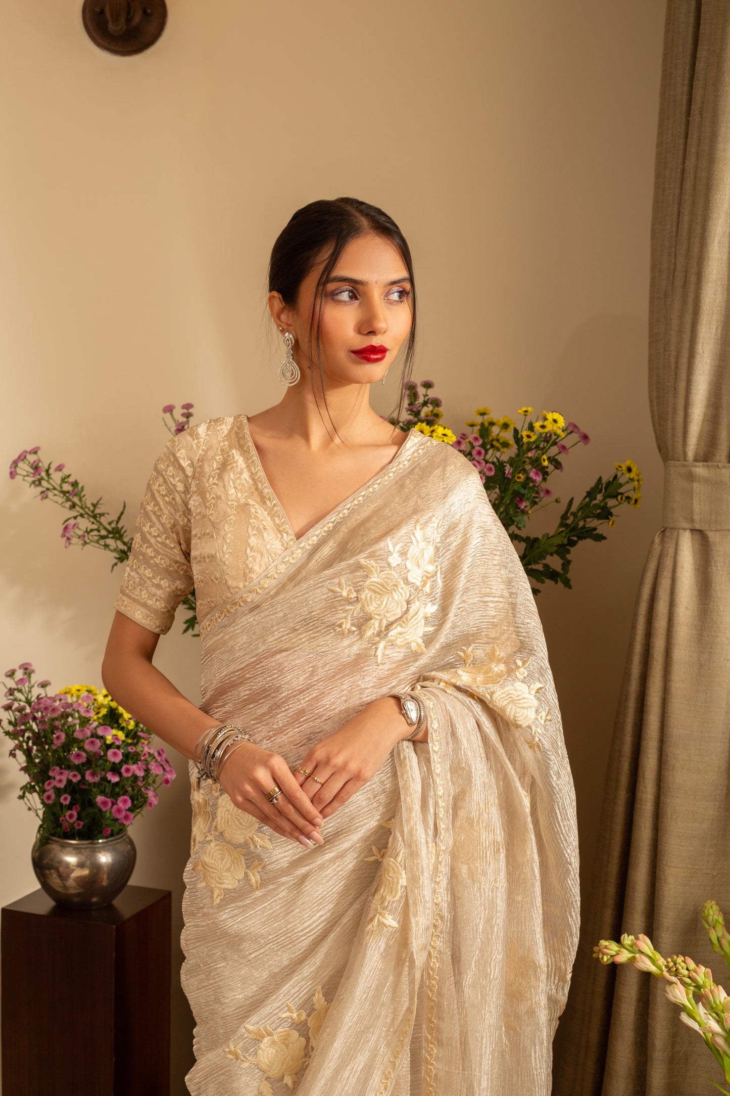 Gulab Soft Silver Pure Silk Georgette Tissue Handloom Saree with Parsi Embroidery