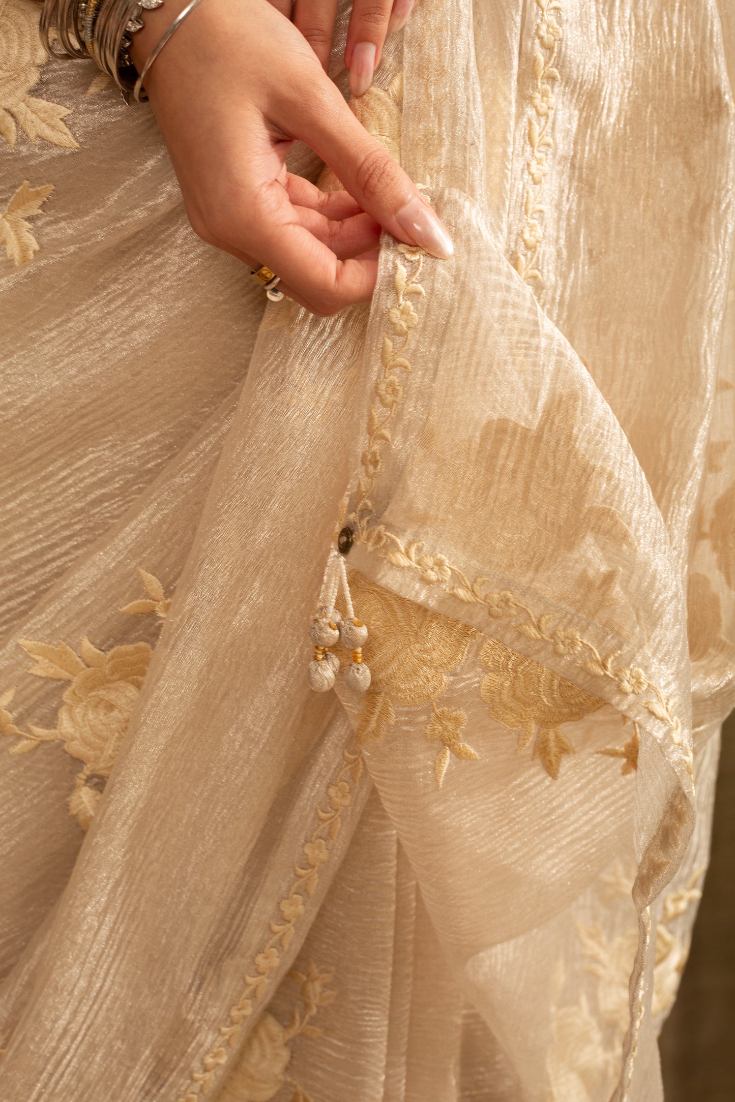 Gulab Soft Silver Pure Silk Georgette Tissue Handloom Saree with Parsi Embroidery