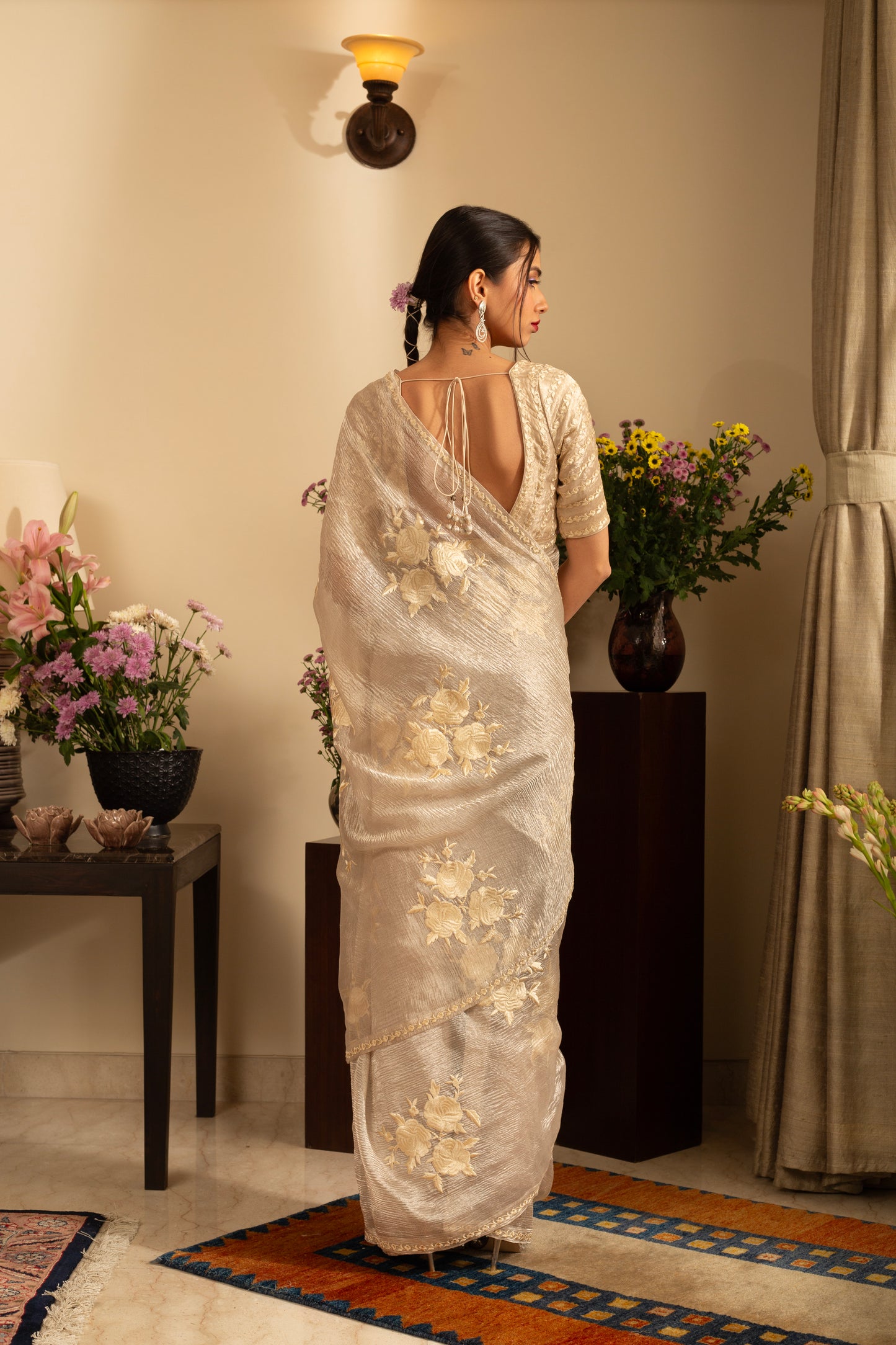 Gulab Soft Silver Pure Silk Georgette Tissue Handloom Saree with Parsi Embroidery