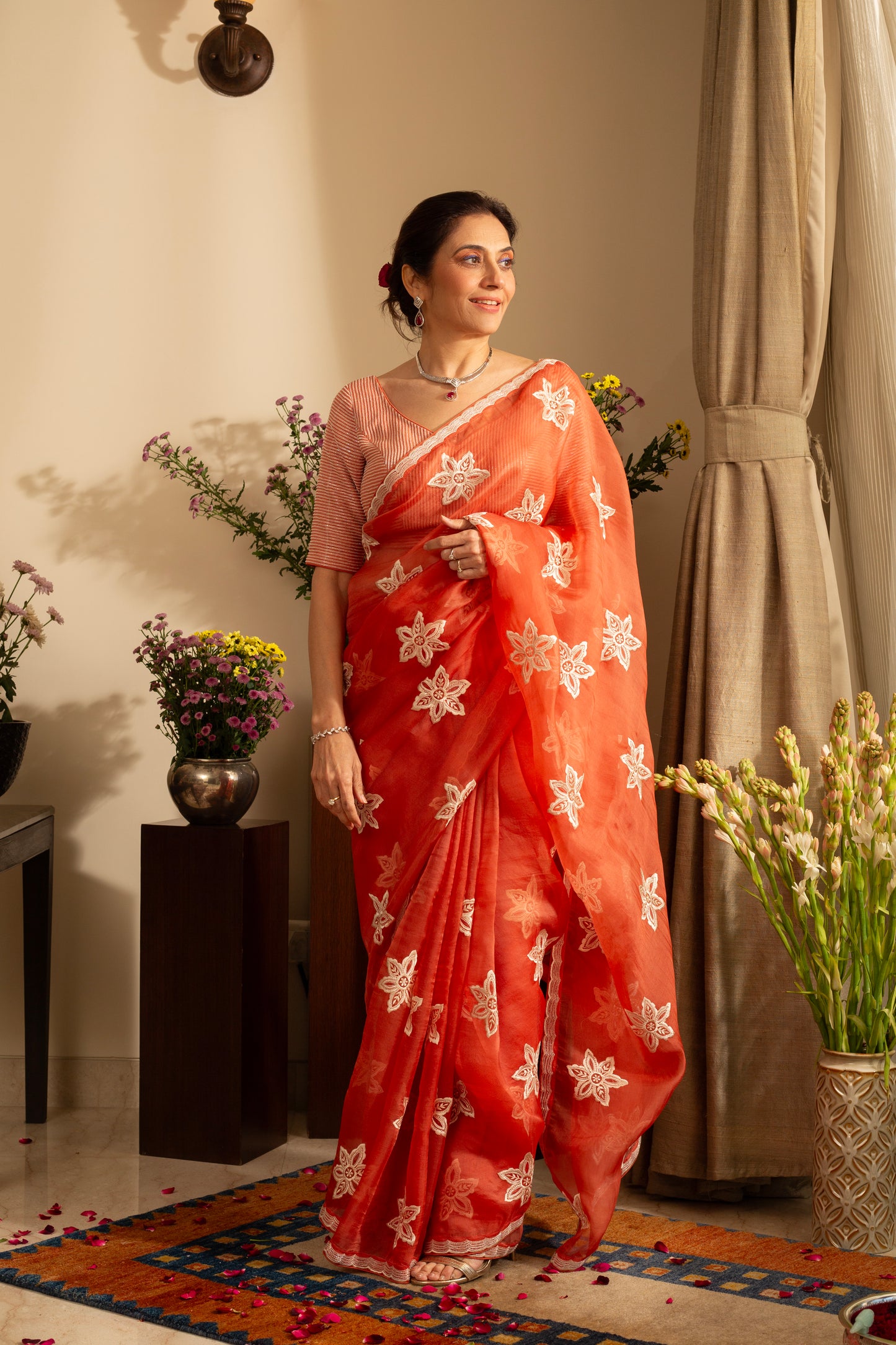 Nargis Burnt Orange Pure Silk Organza Saree Embroidered with Bead Work