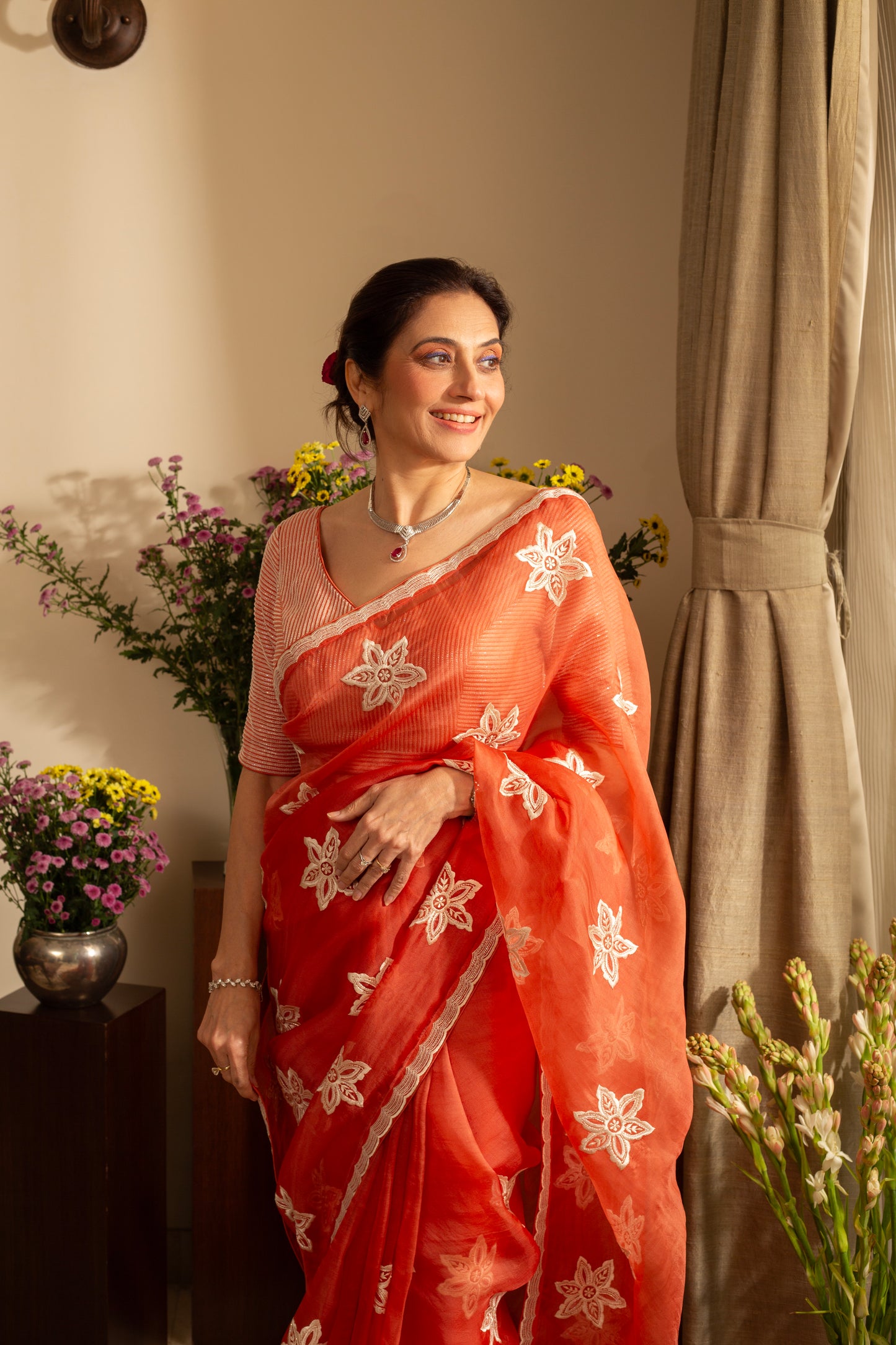 Nargis Burnt Orange Pure Silk Organza Saree Embroidered with Bead Work