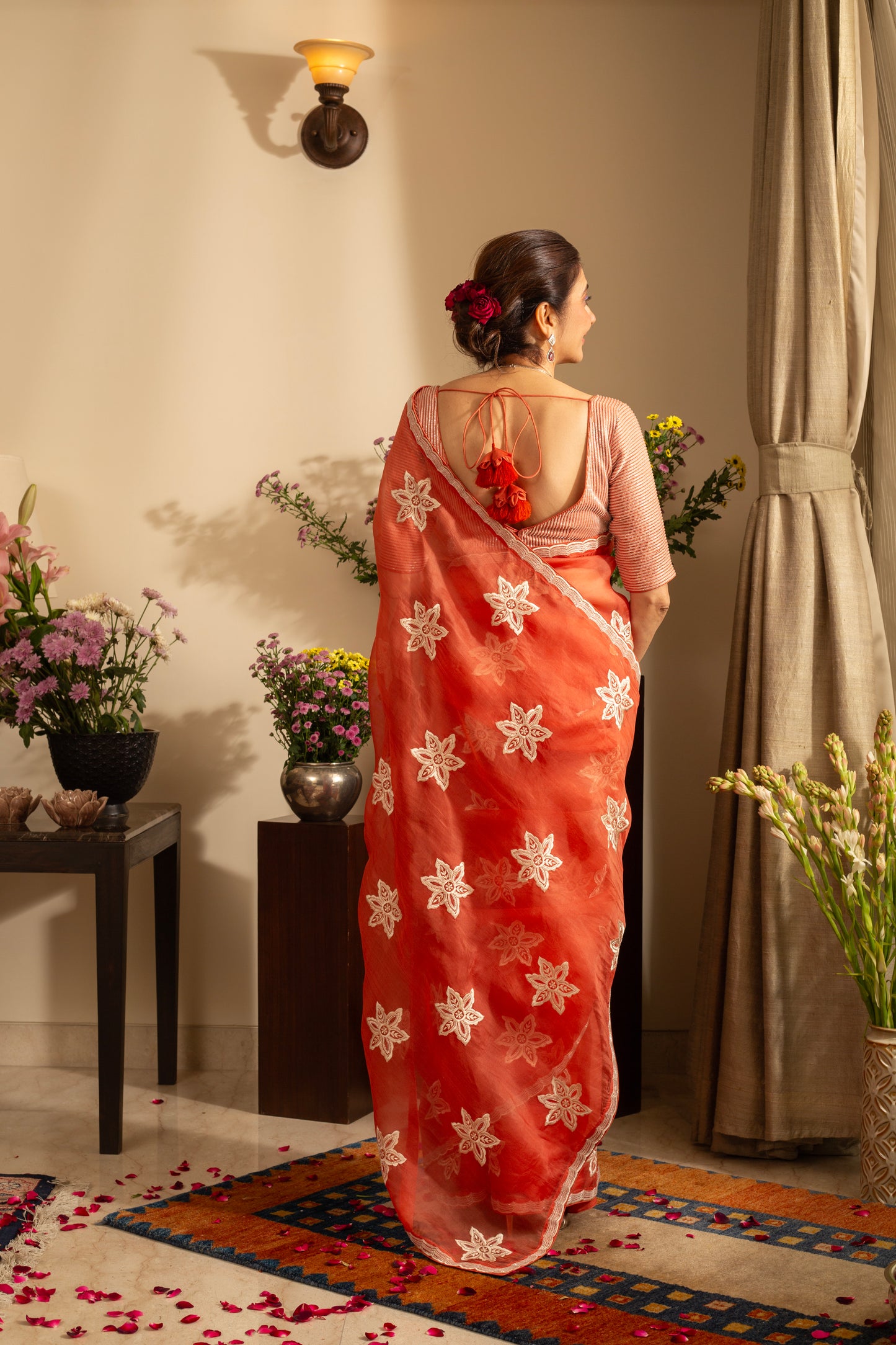 Nargis Burnt Orange Pure Silk Organza Saree Embroidered with Bead Work