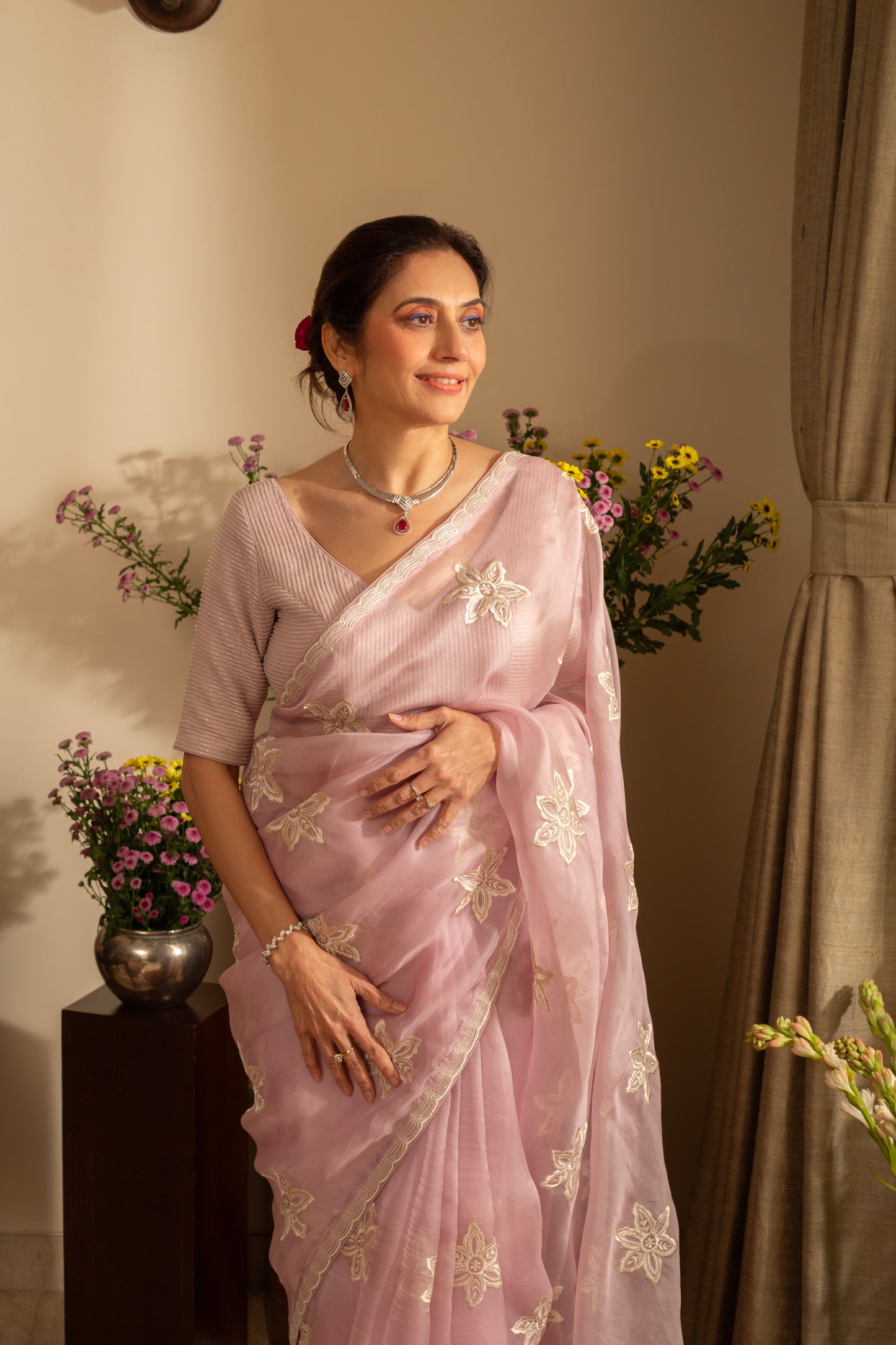 Nargis Lilac Pure Silk Organza Saree Embroidered with Bead Work