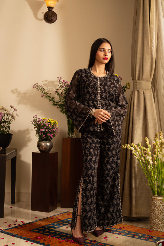 Poppy Black Embroidered Pure Silk Georgette 2 Pc Indo Western Coord Set with Flared Pants