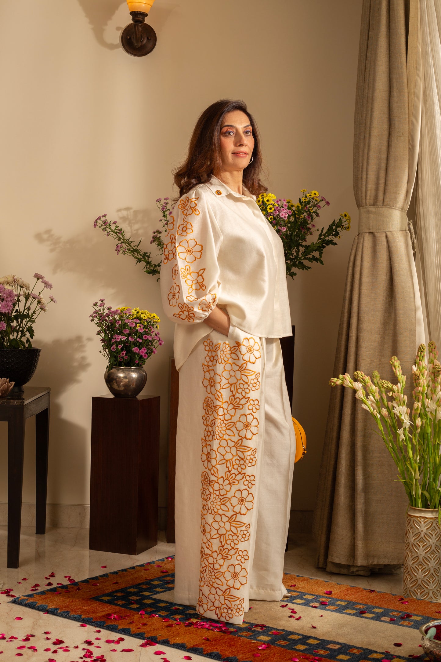 Petunia Ivory Mustard Pure Silk Chanderi Embroidered Indo Western Coord Set