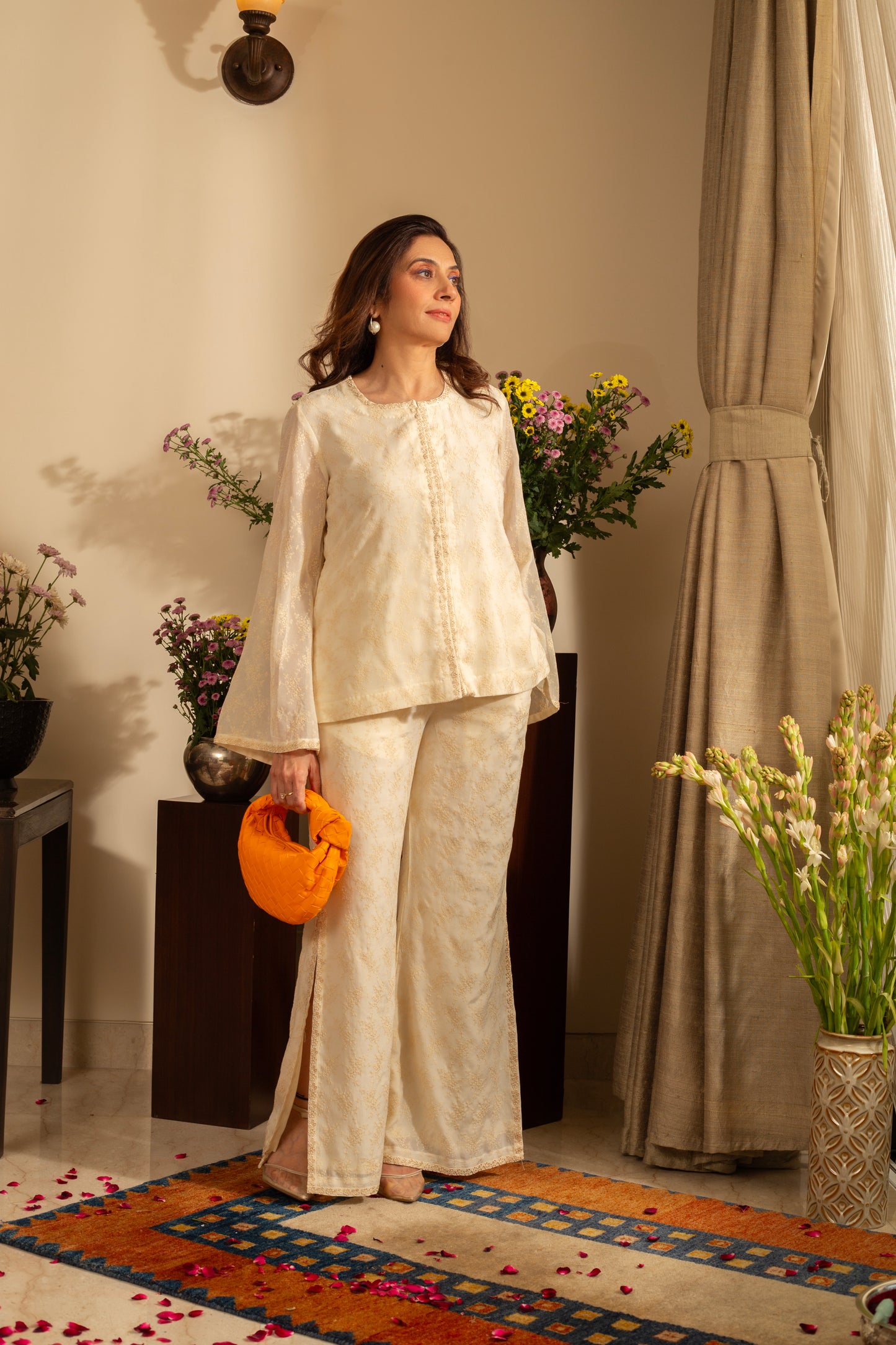 Poppy  Off White Embroidered Pure Silk Georgette 2 Pc Indo Western Coord Set with Flared Pants