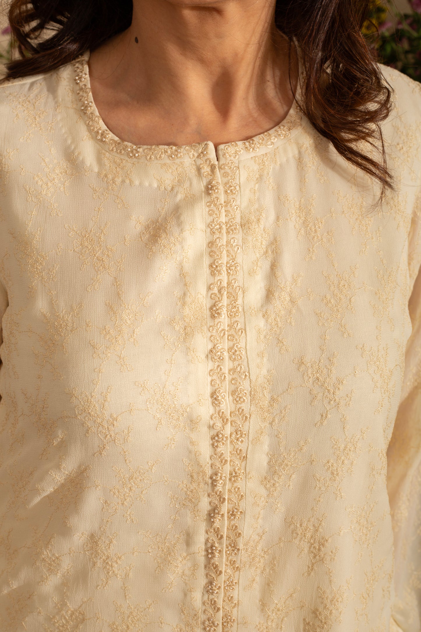 Poppy Off White Embroidered Pure Silk Georgette 2 Pc Indo Western Coord Set with Flared Pants