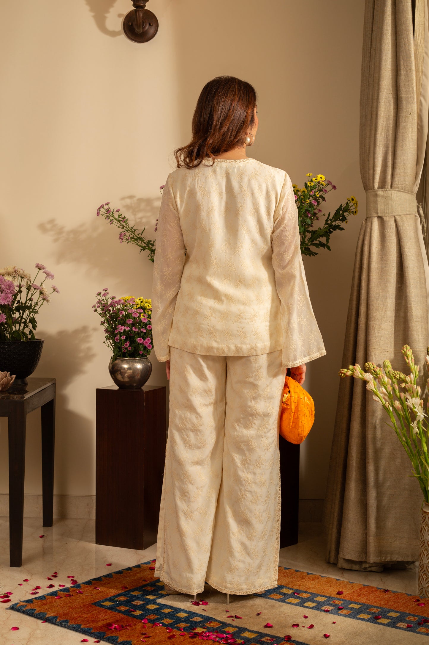 Poppy Off White Embroidered Pure Silk Georgette 2 Pc Indo Western Coord Set with Flared Pants