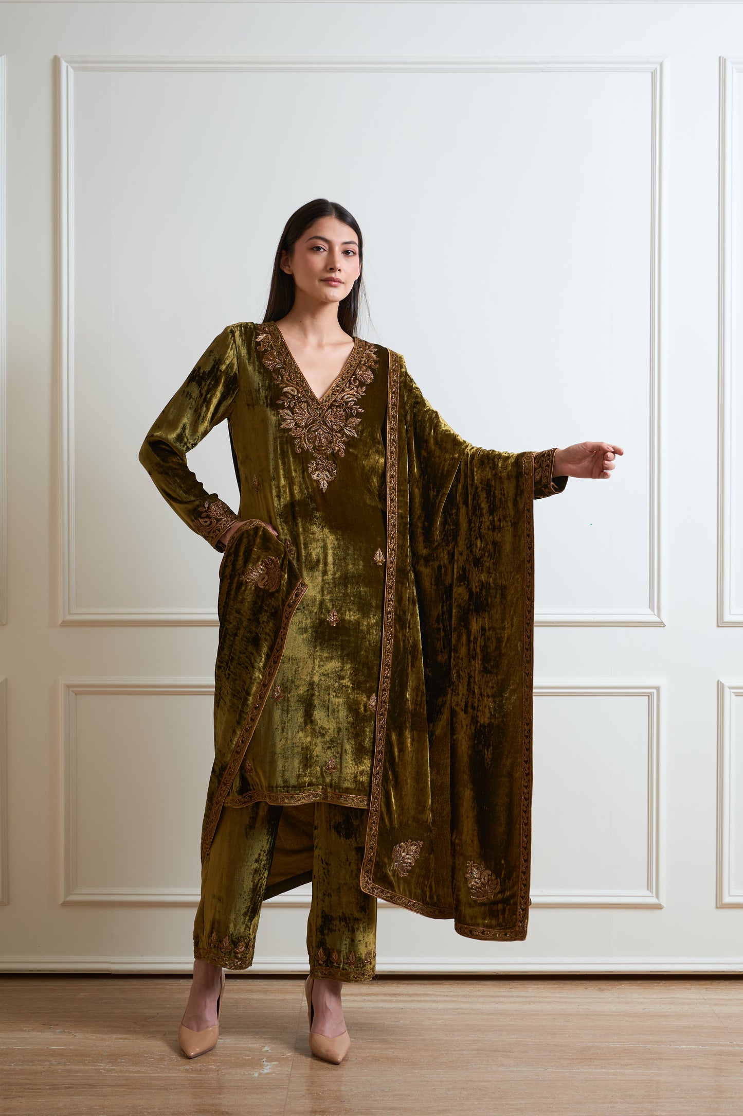Kesar Mehendi Green Pure Silk Velvet Kurta Set with Heavy Duptta