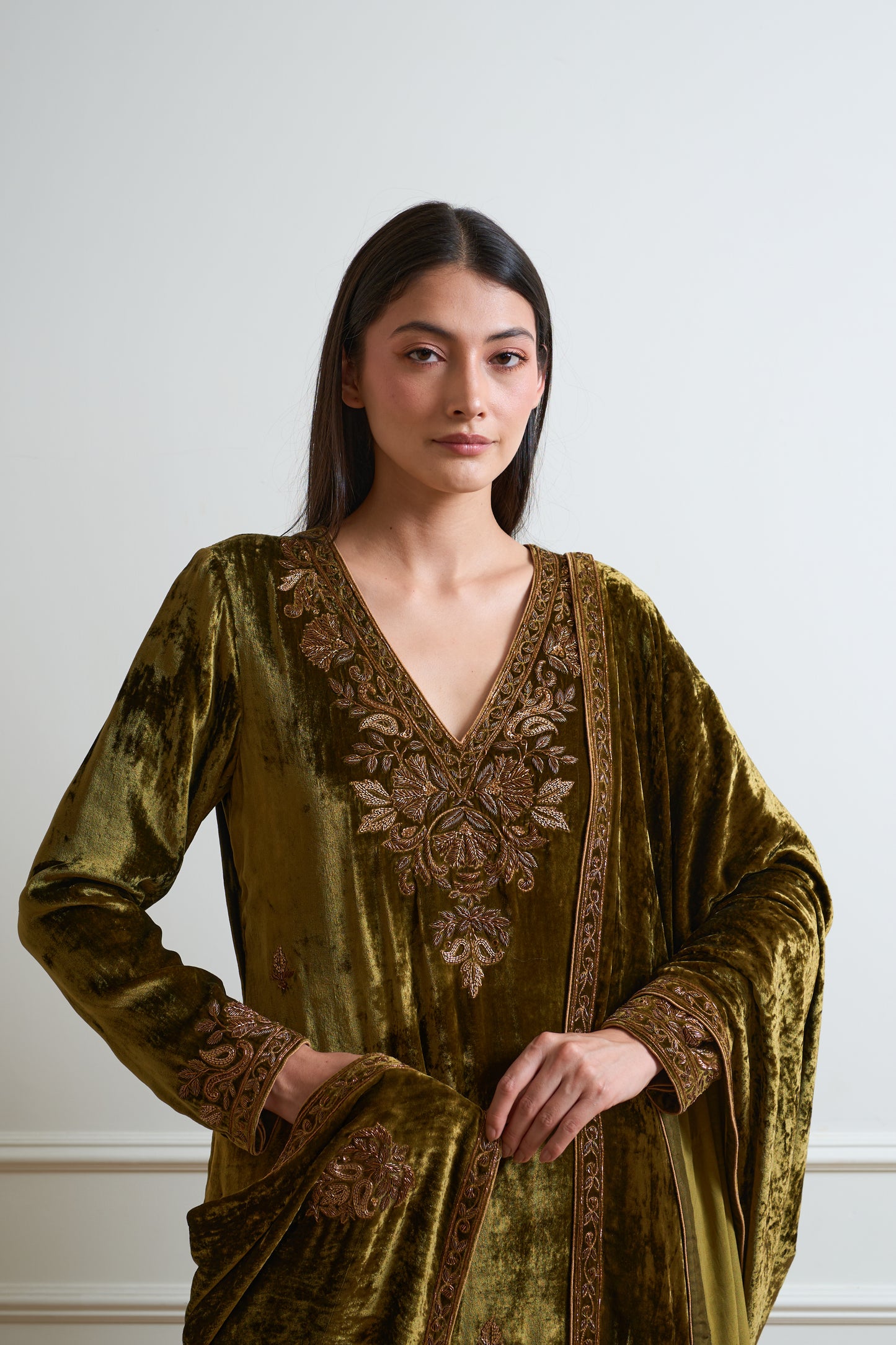 Kesar Mehendi Green Pure Silk Velvet Kurta Set with Heavy Duptta
