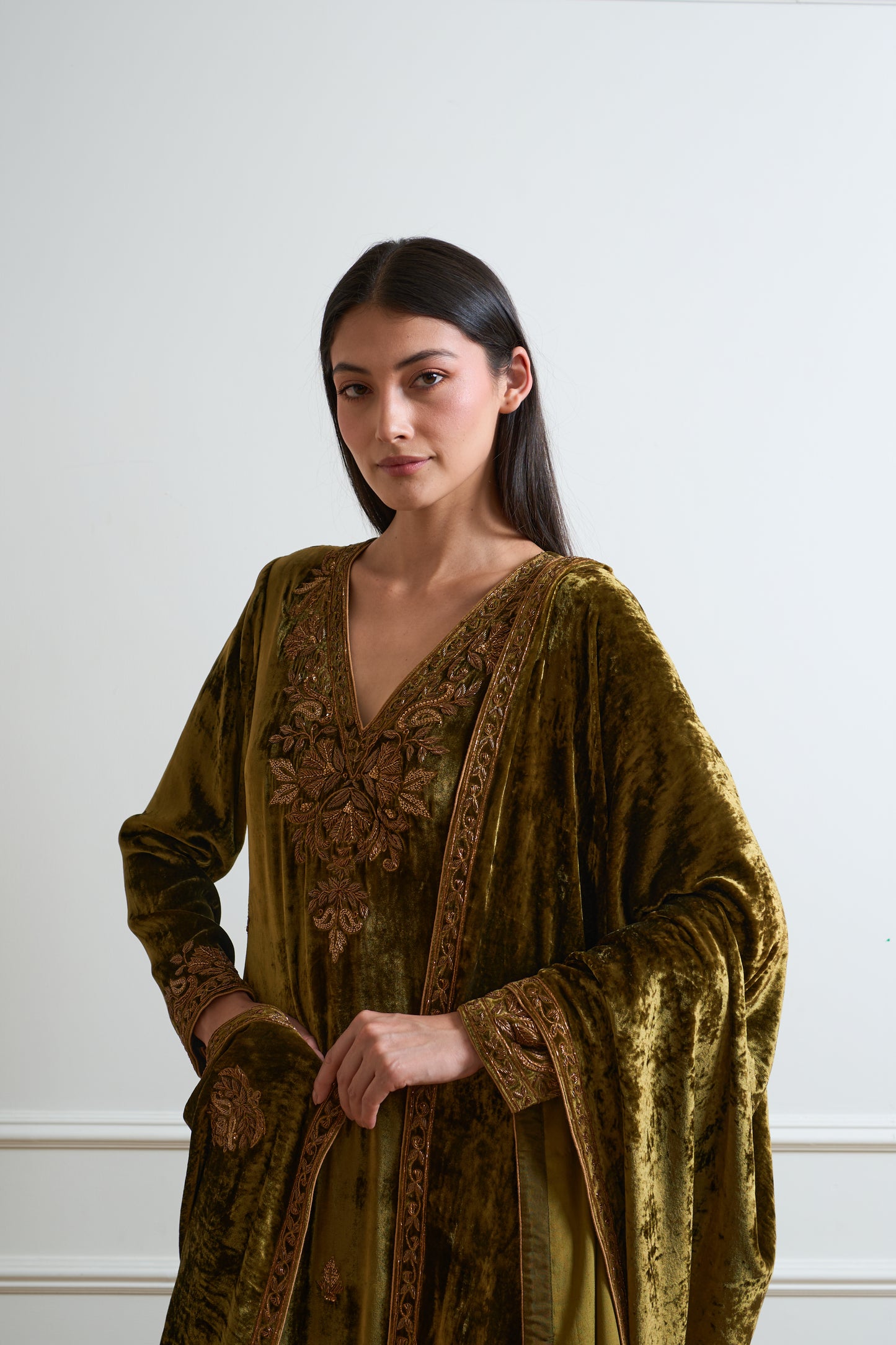 Kesar Mehendi Green Pure Silk Velvet Kurta Set with Heavy Duptta