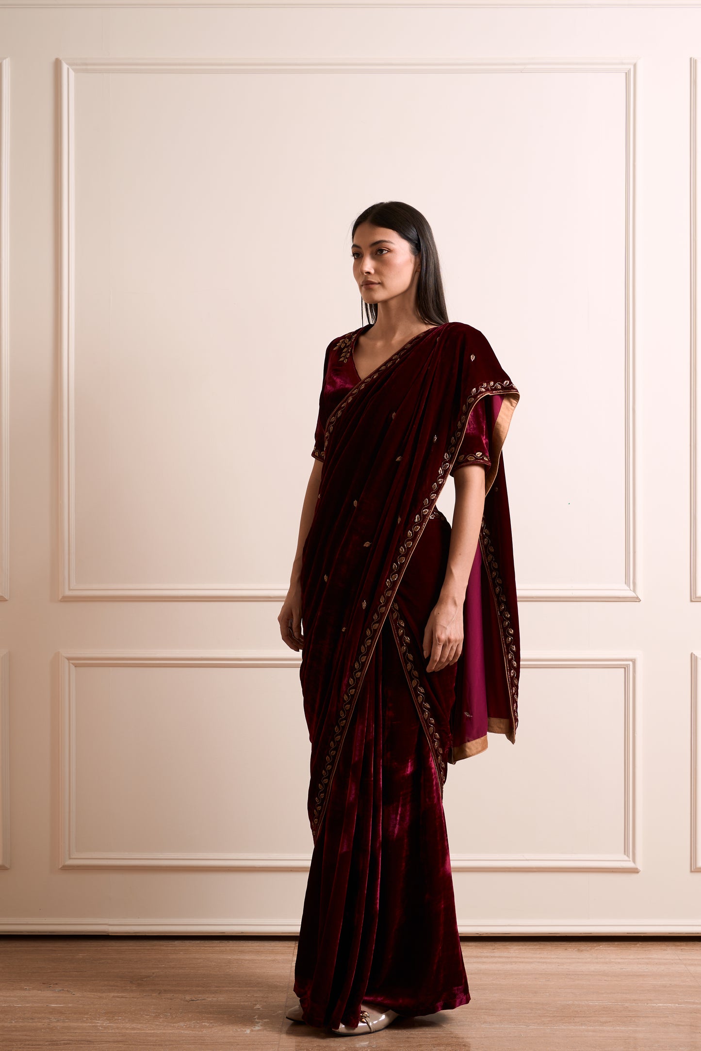 Mogra Wine Stitched Saree 3 piece set
