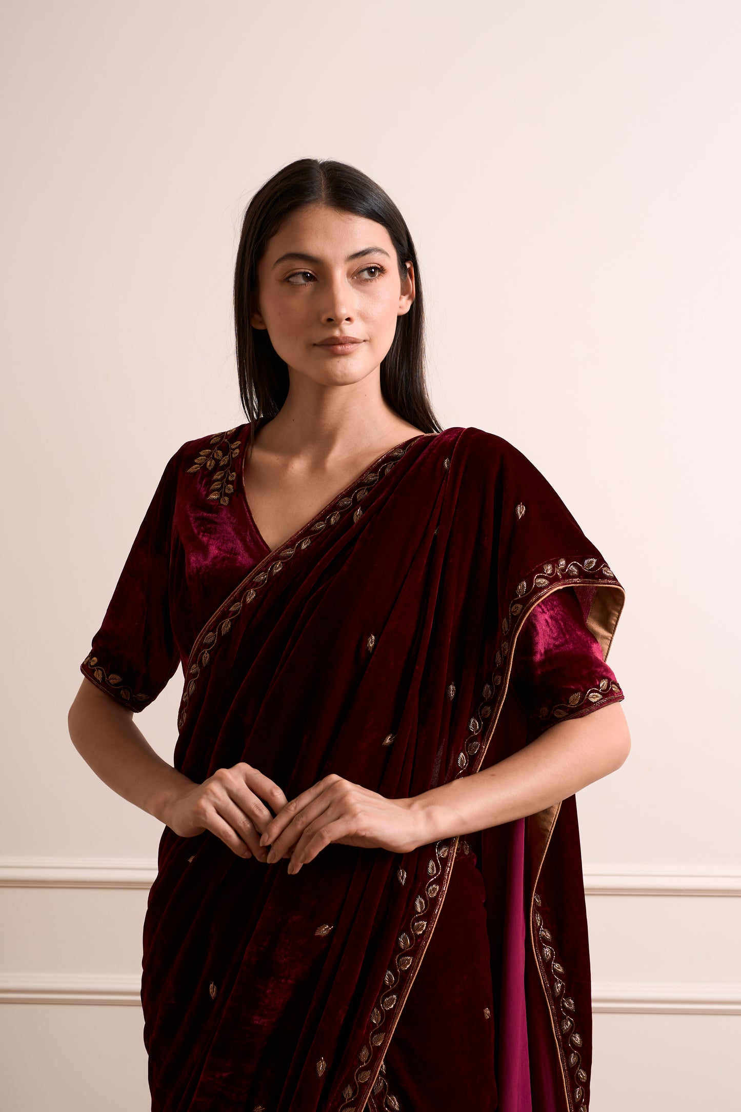 Mogra Wine Stitched Saree 3 piece set