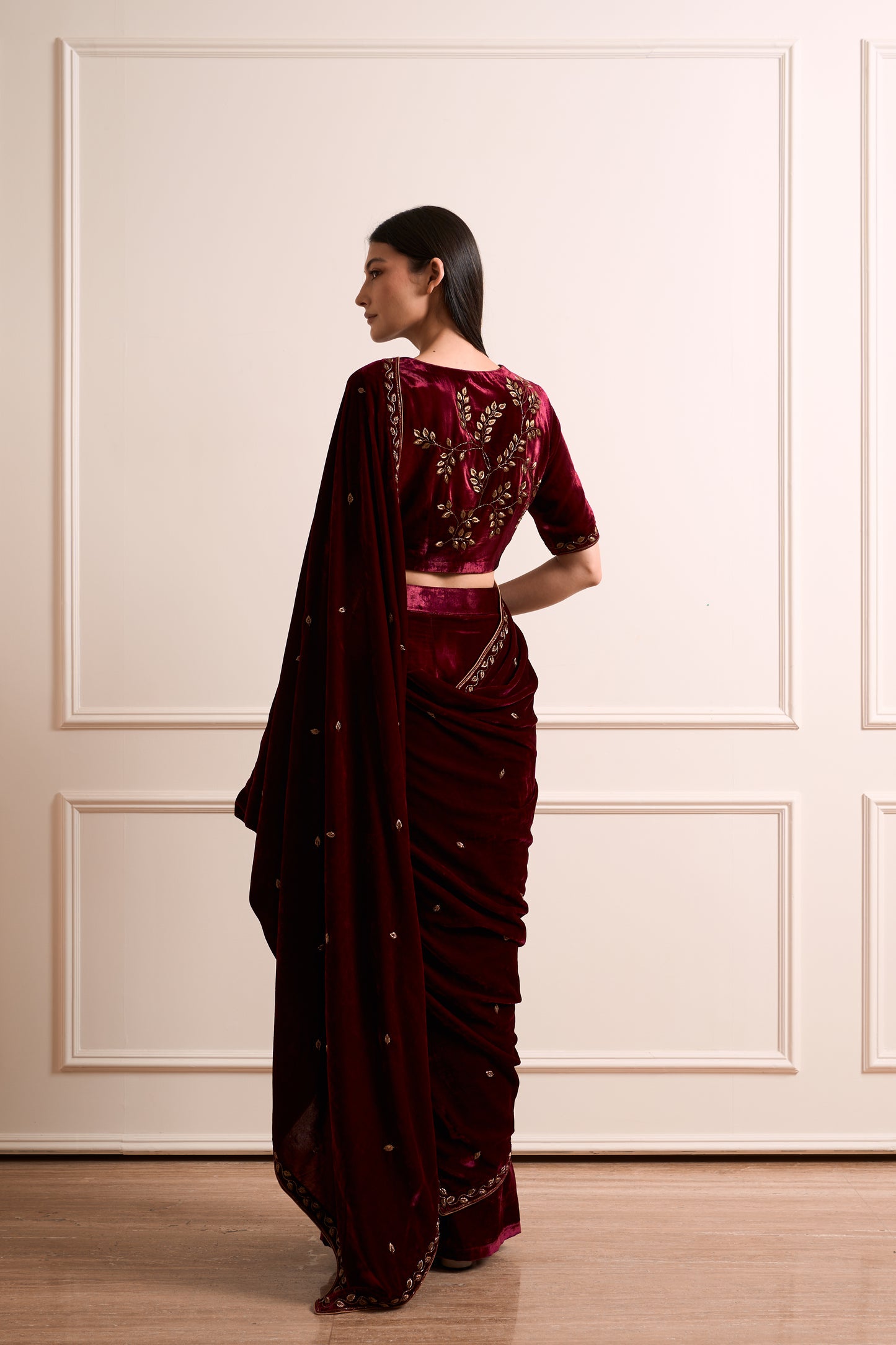 Mogra Wine Stitched Saree 3 piece set