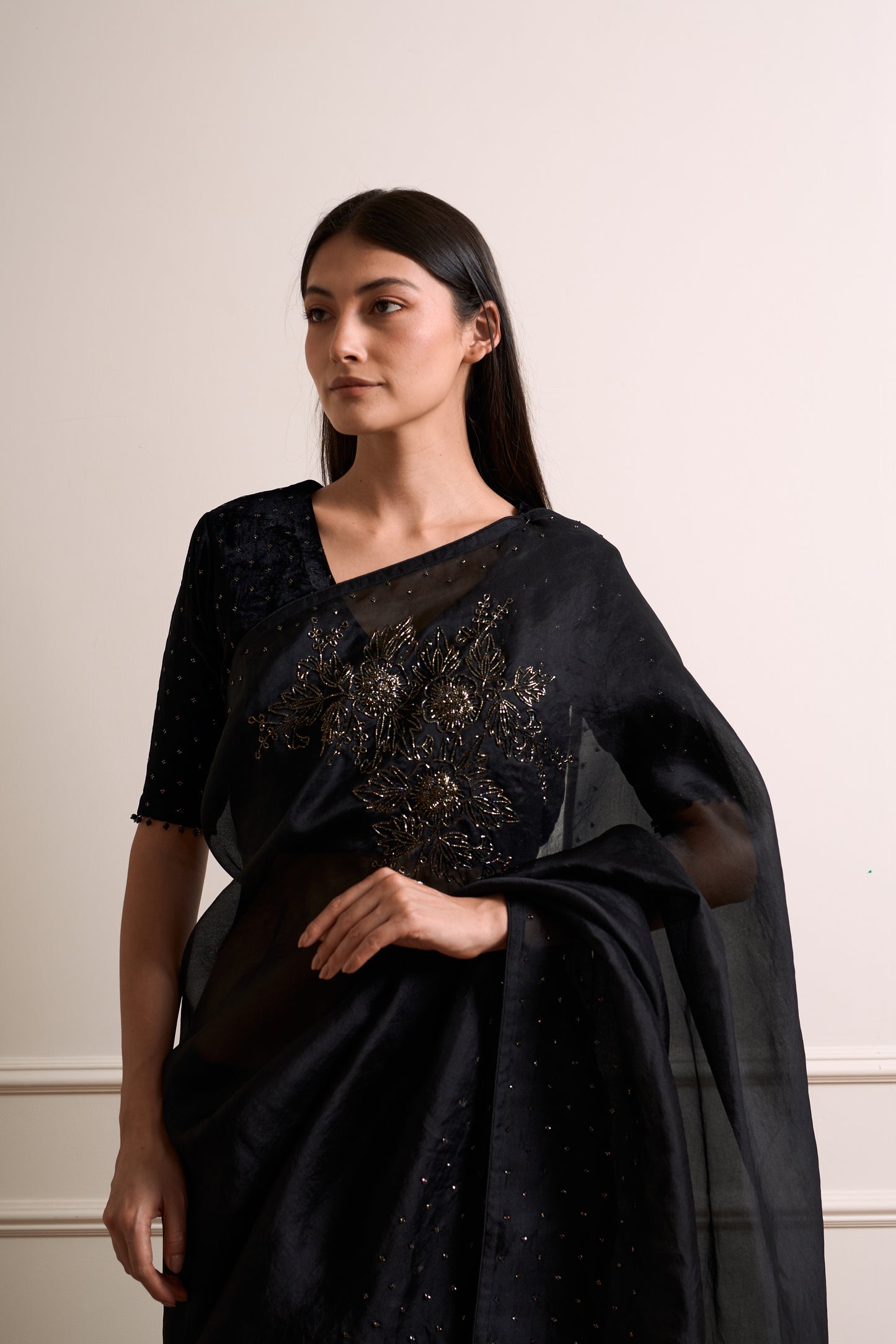 Parijat Black Organza Cutdana Saree